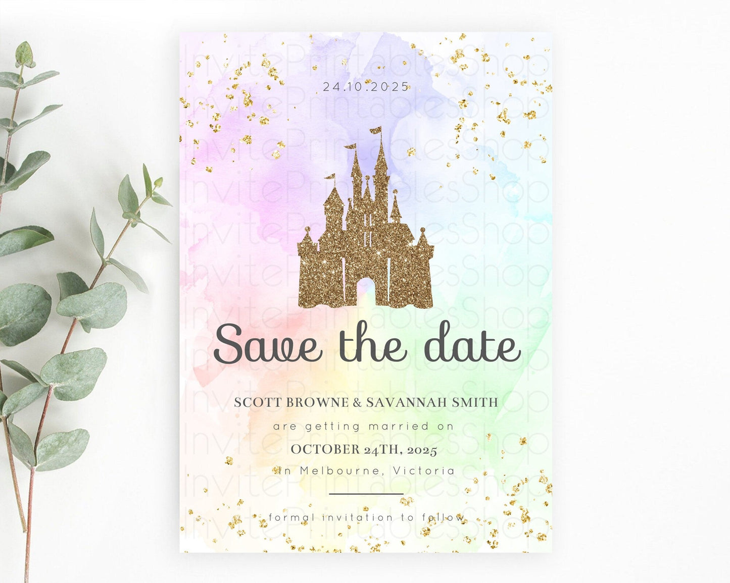 Princess Save The Date Pastel Watercolor Ombre Princess Party Rainbow Colorful Enchanted Castle 1st Birthday Baptism Baby Shower D10658