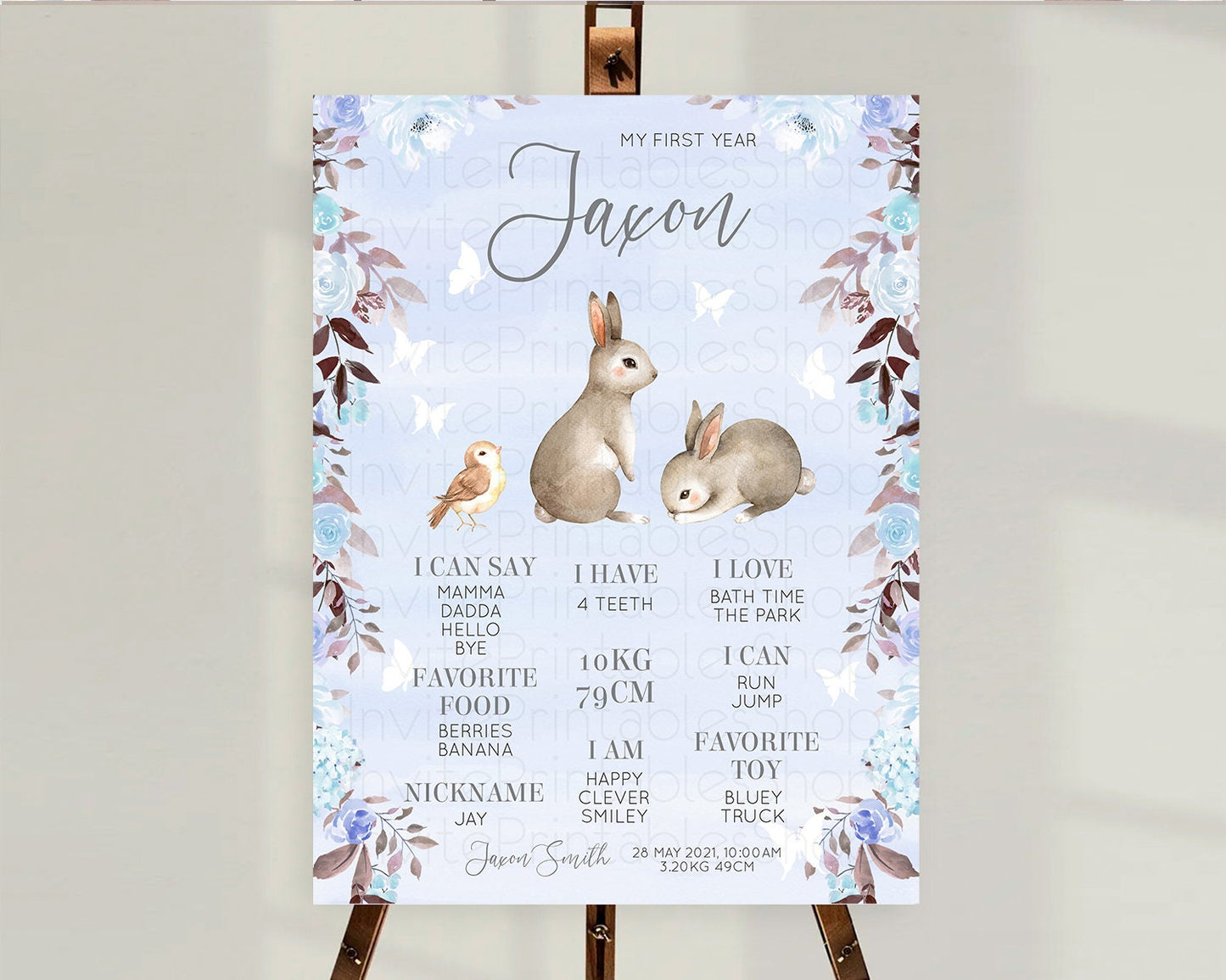 Bunny First Birthday Milestone Board Floral Bunny Milestone Poster Pastel Flowers Woodland Bunny Milestone 1st Birthday Welcome Sign D10923
