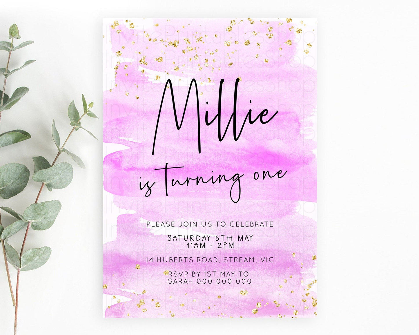 Pink Birthday Invitation pink Watercolor Invitation Pastel pink Watercolor Invitation pink Splash Gold Invitation 1st First Birthday D23048
