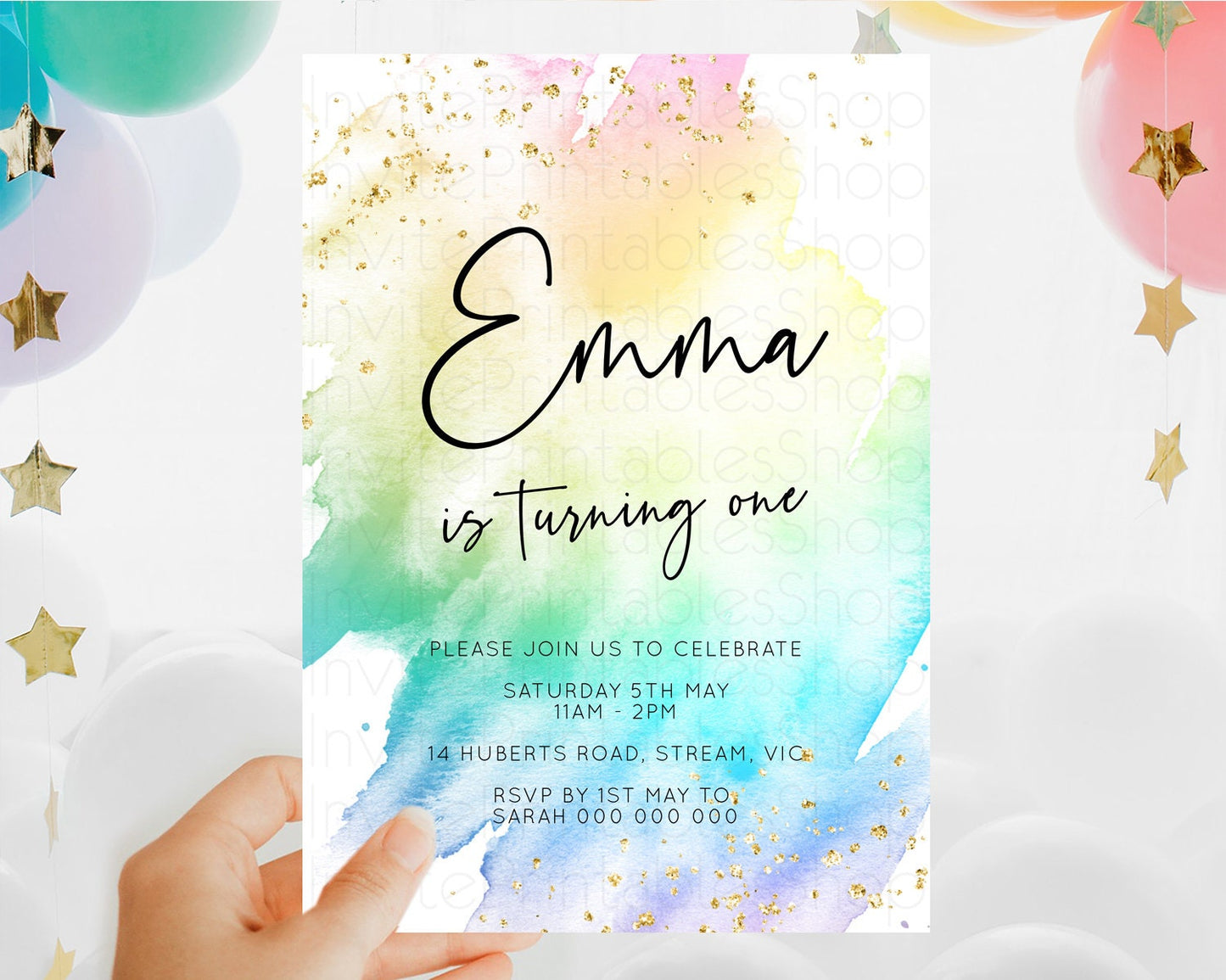 Rainbow Birthday Invitation Colorful Pastel Watercolor Invitation Gold Glitter Sprinkles Ombre Pastel 1st 2nd 3rd Birthday D10256