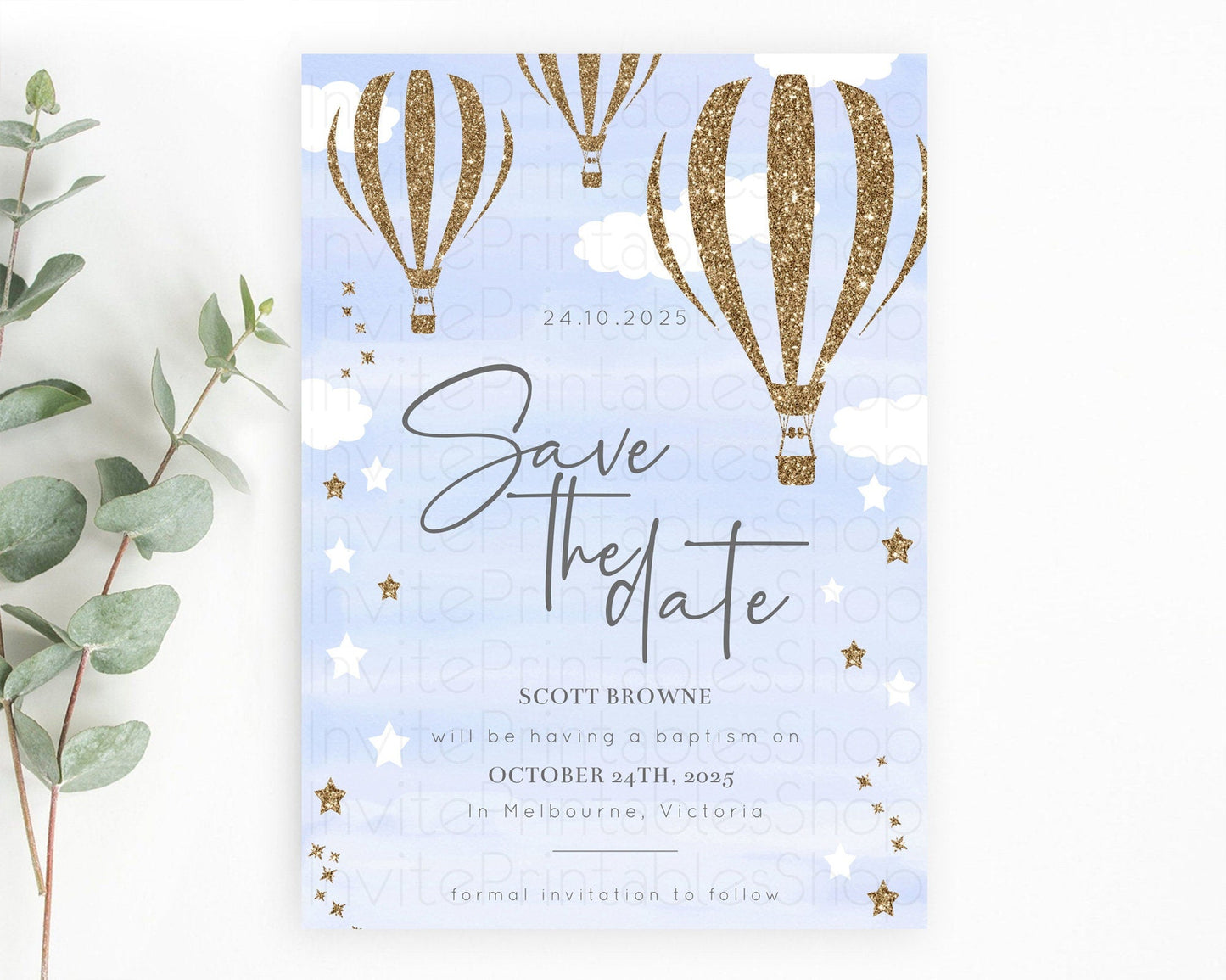 Hot Air Balloon Save The Date Template Adventure Awaits Mr. ONEderful Party 1st Birthday Baptism Baby Shower D10333