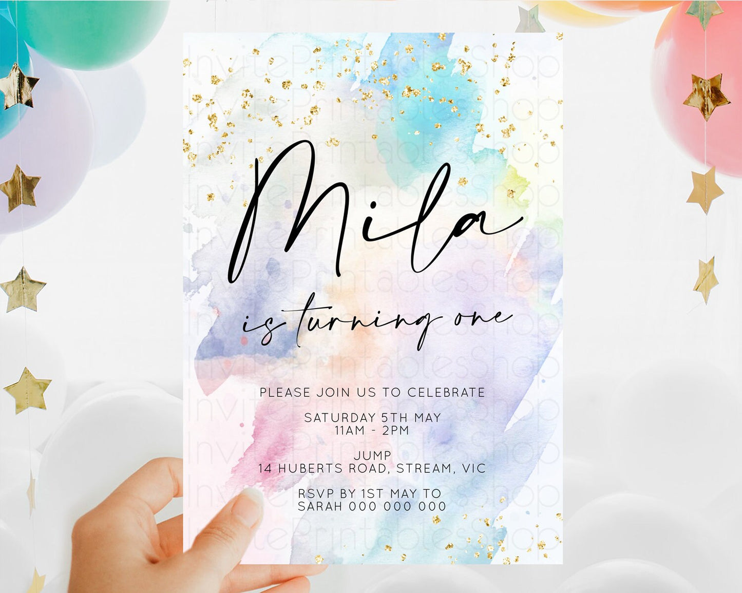 Rainbow Birthday Invitation Colorful Pastel Watercolor Invitation Gold Glitter Sprinkles Ombre Pastel 1st 2nd 3rd Birthday D10420