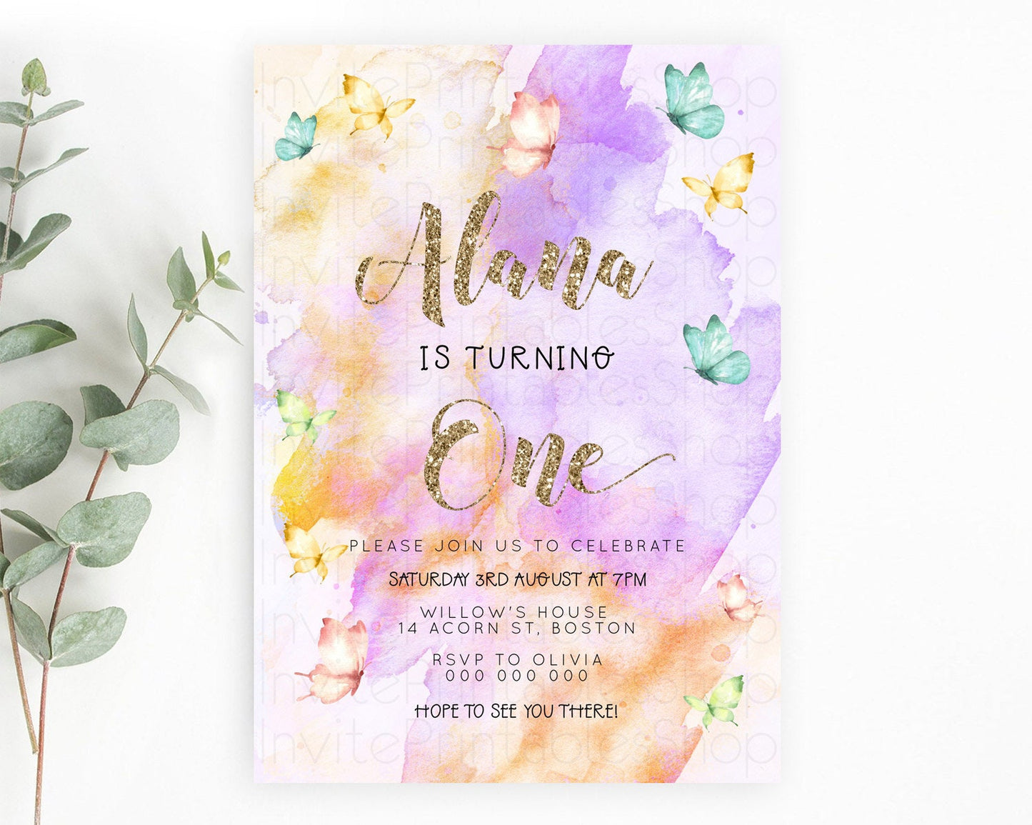 Pastel Butterfly Birthday Invitation Butterfly Birthday Invitation Colorful Splash Glitter Butterfly Garden 1st 2nd Birthday D23253