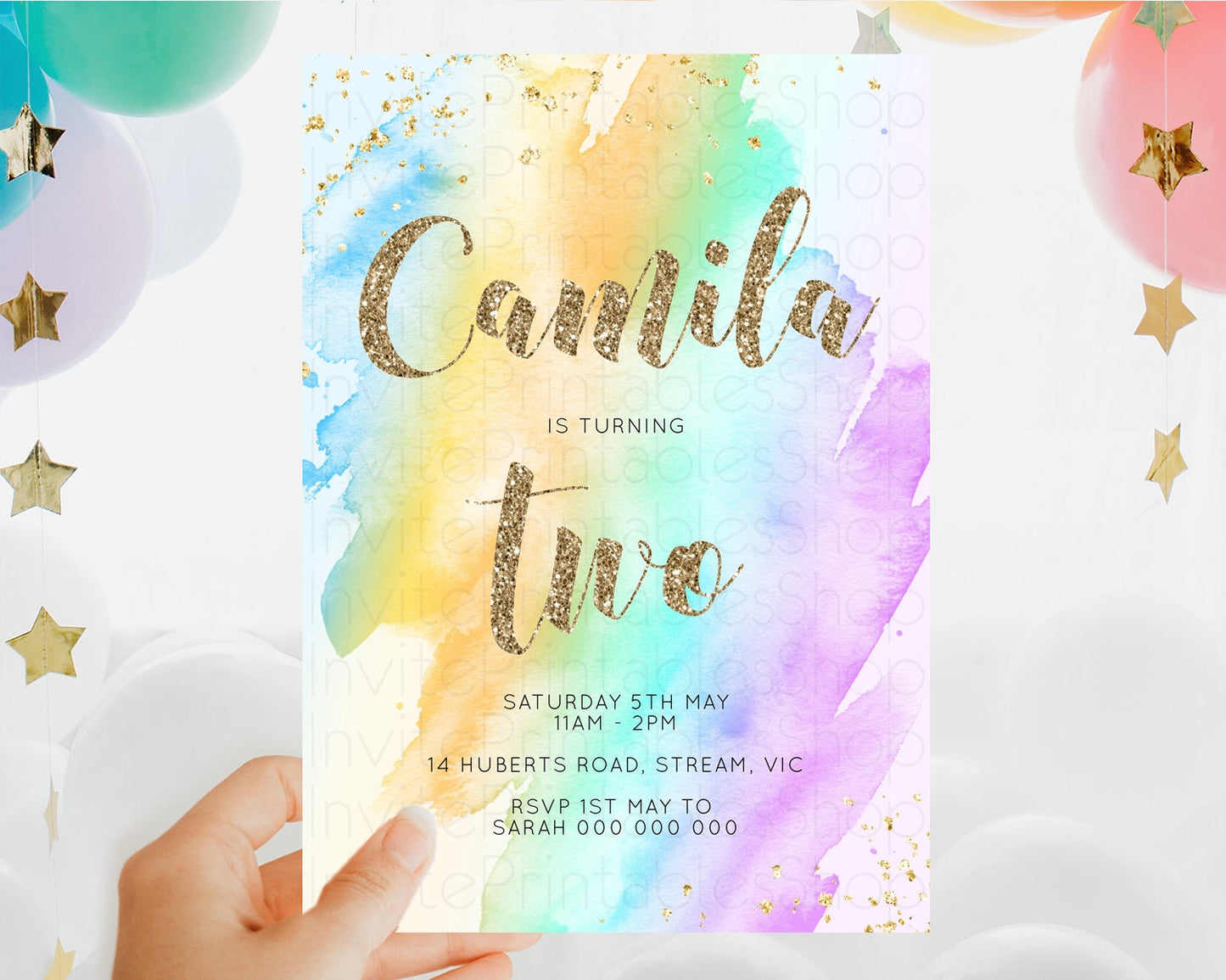 Rainbow Birthday Invitation Colorful Pastel Watercolor Invitation Gold Glitter Sprinkles Ombre Pastel 1st 2nd 3rd Birthday D10426
