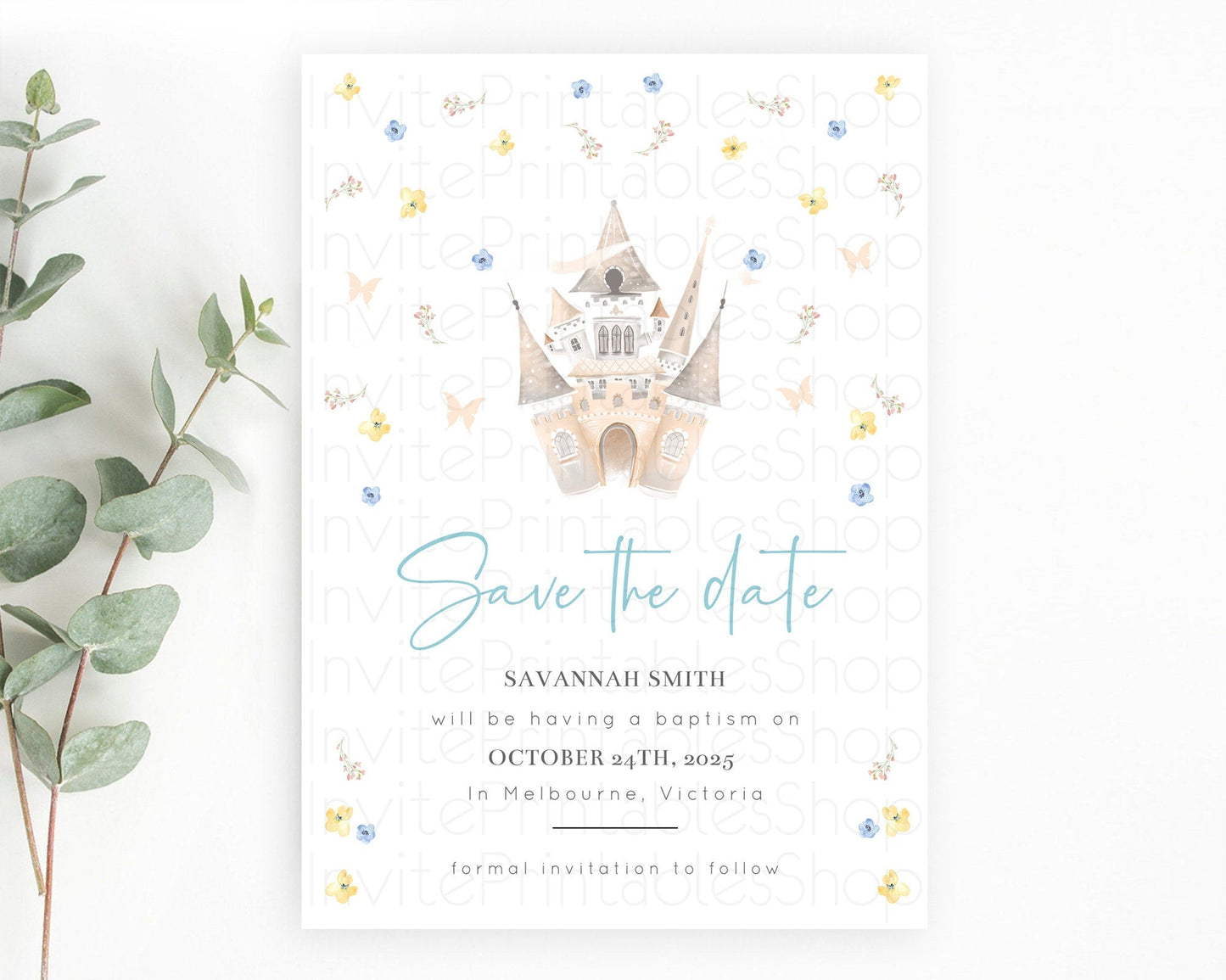 Princess Save The Date Template Secret Garden Enchanted Castle Pastel Floral Royal Party For 1st Birthday Baptism Baby Shower D10365