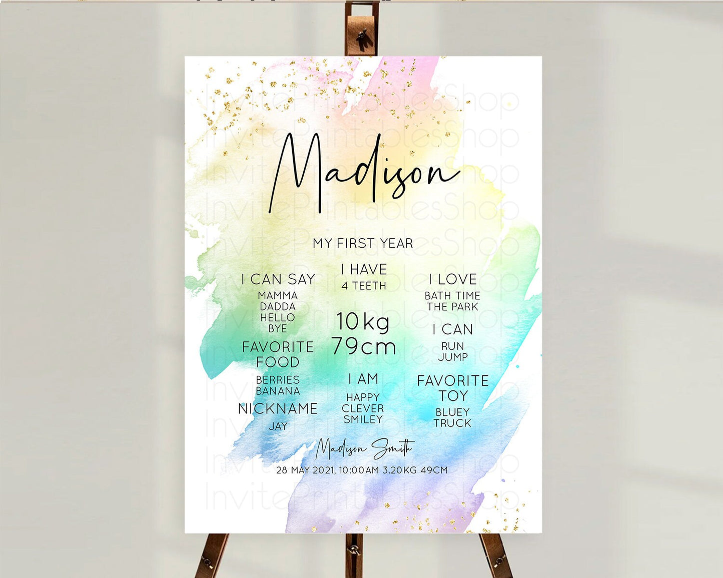 Pastel First Birthday Milestone Board Pastel Rainbow Milestone Poster Colorful Confetti Watercolor Glitter 1st Birthday Welcome Sign D10279