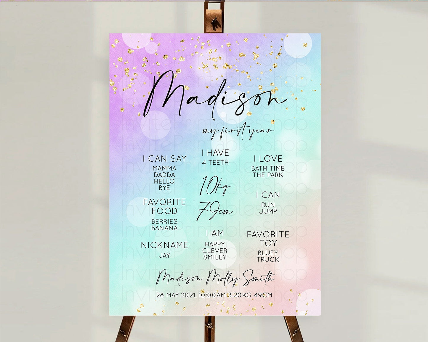 Pastel First Birthday Milestone Board Pastel Rainbow Milestone Poster Colorful Confetti Watercolor Glitter 1st Birthday Welcome Sign D10618