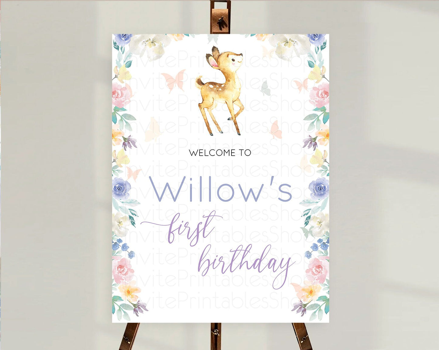 Fawn Welcome Sign Deer Welcome Board Floral Deer Welcome Poster Enchanted Forest Butterfly Pastel Floral First Birthday Welcome Sign D11001