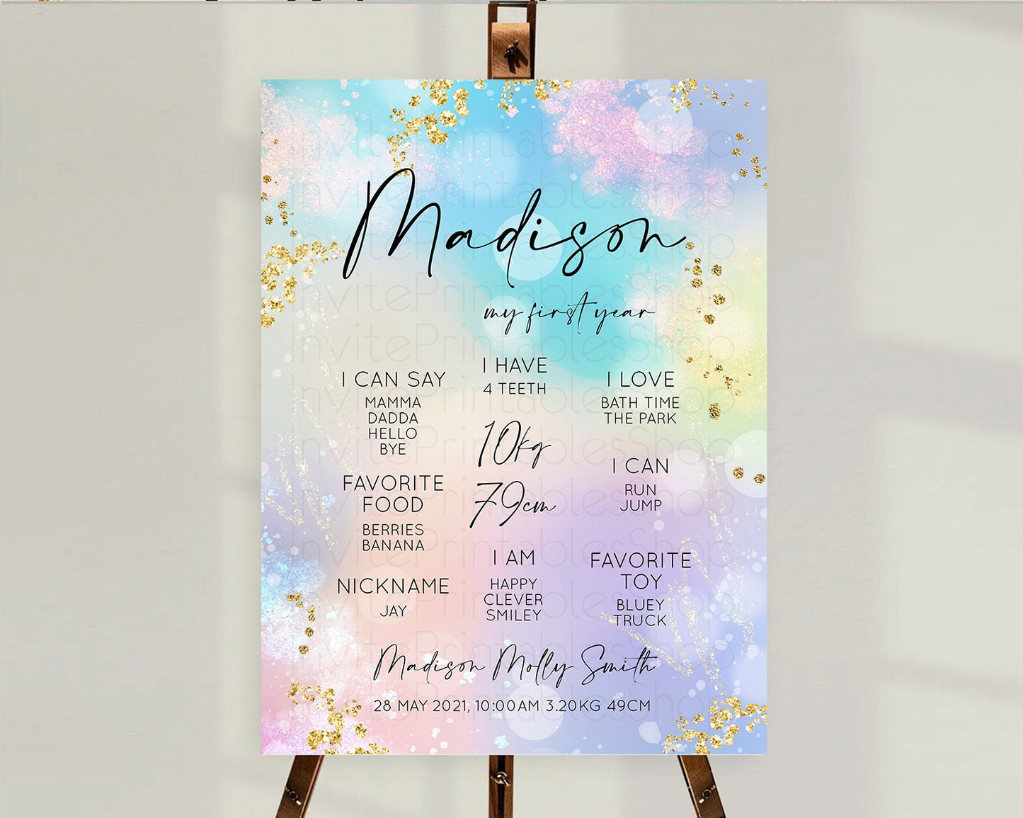 Pastel First Birthday Milestone Board Pastel Rainbow Milestone Poster Colorful Confetti Watercolor Glitter 1st Birthday Welcome Sign D10675