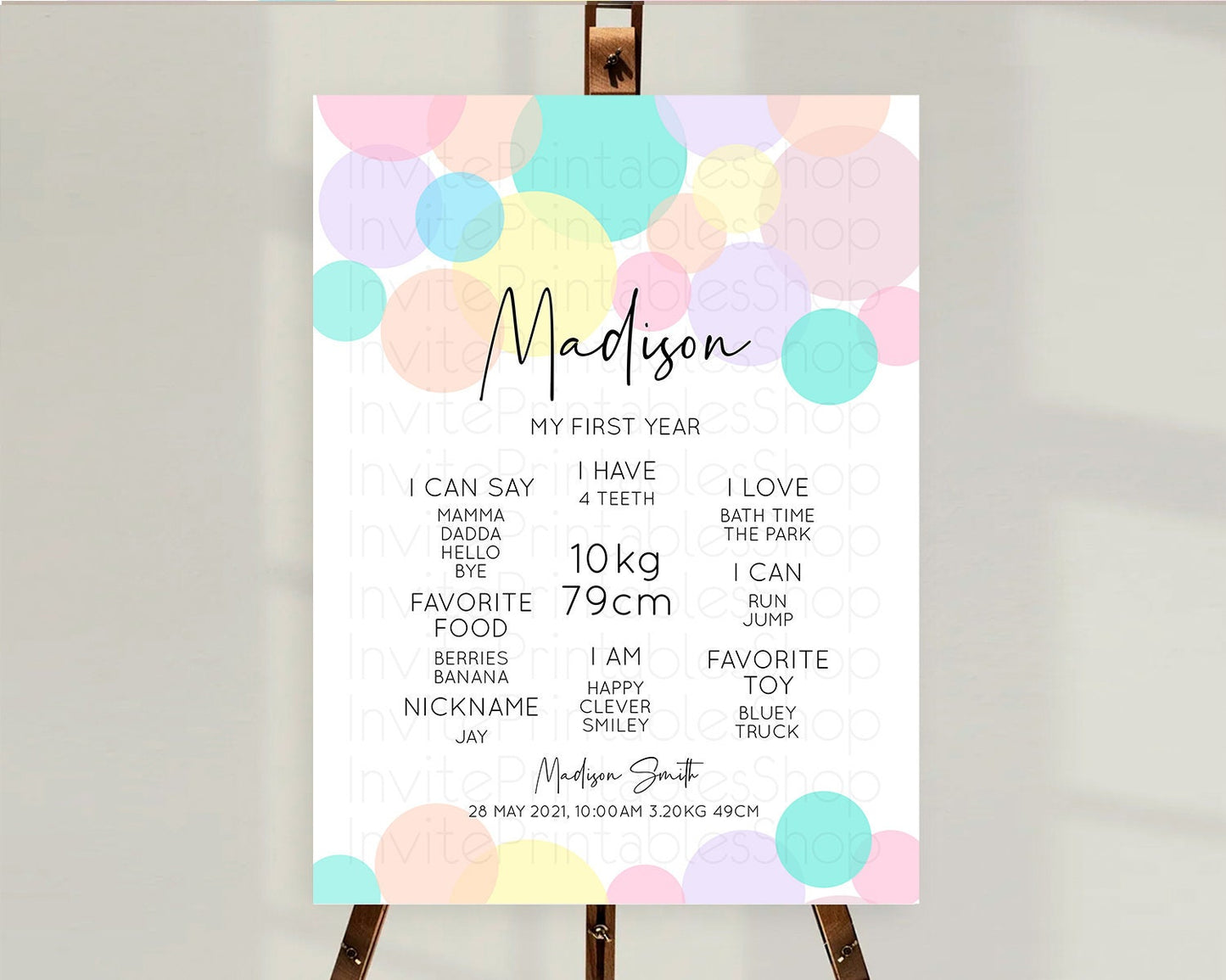 Pastel First Birthday Milestone Poster Pastel Rainbow Confetti First Birthday Milestone Board Colorful Bubbles Birthday Welcome Sign D10223
