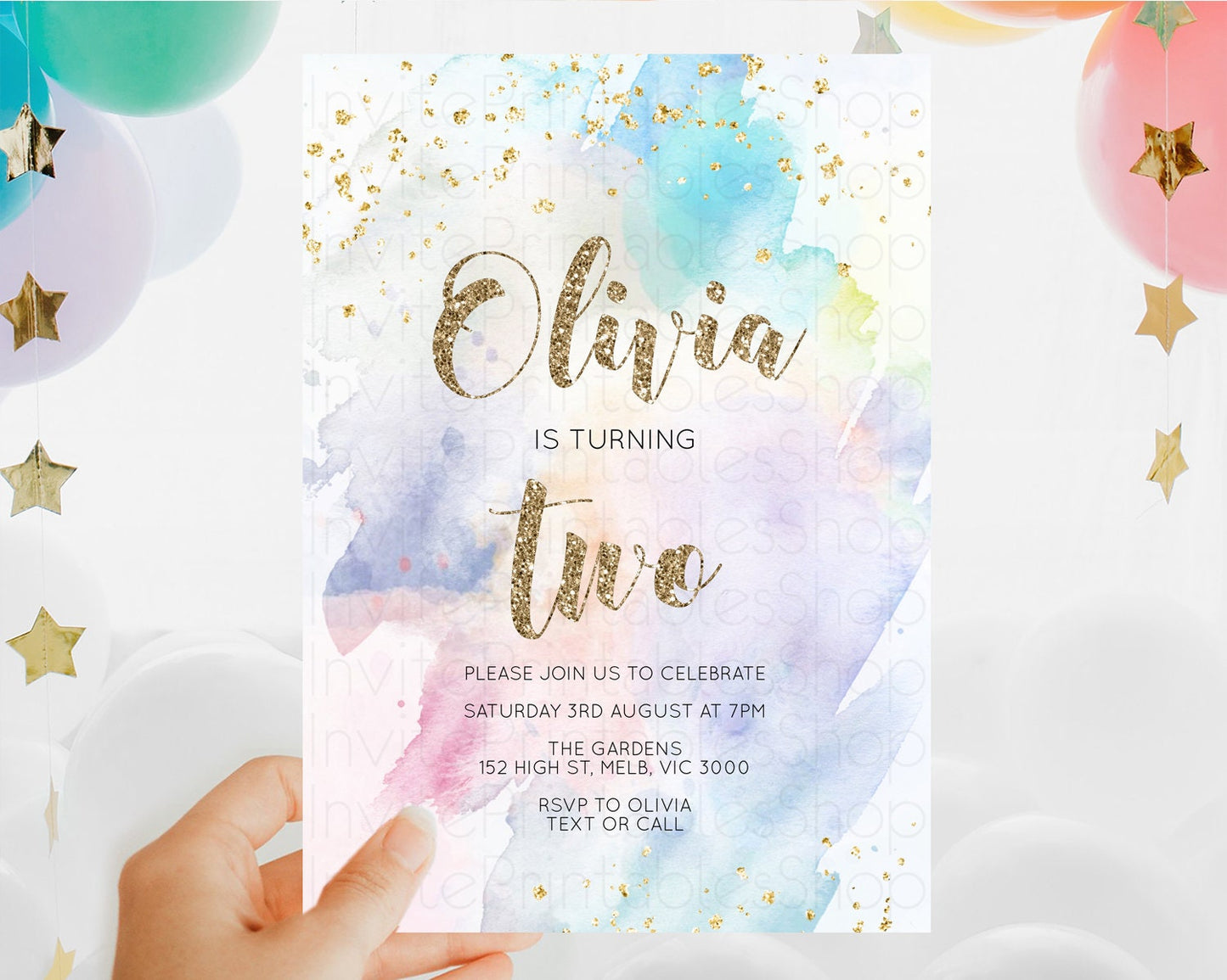 Rainbow Birthday Invitation Colorful Pastel Watercolor Invitation Gold Glitter Sprinkles Ombre Pastel 1st 2nd 3rd Birthday D10421