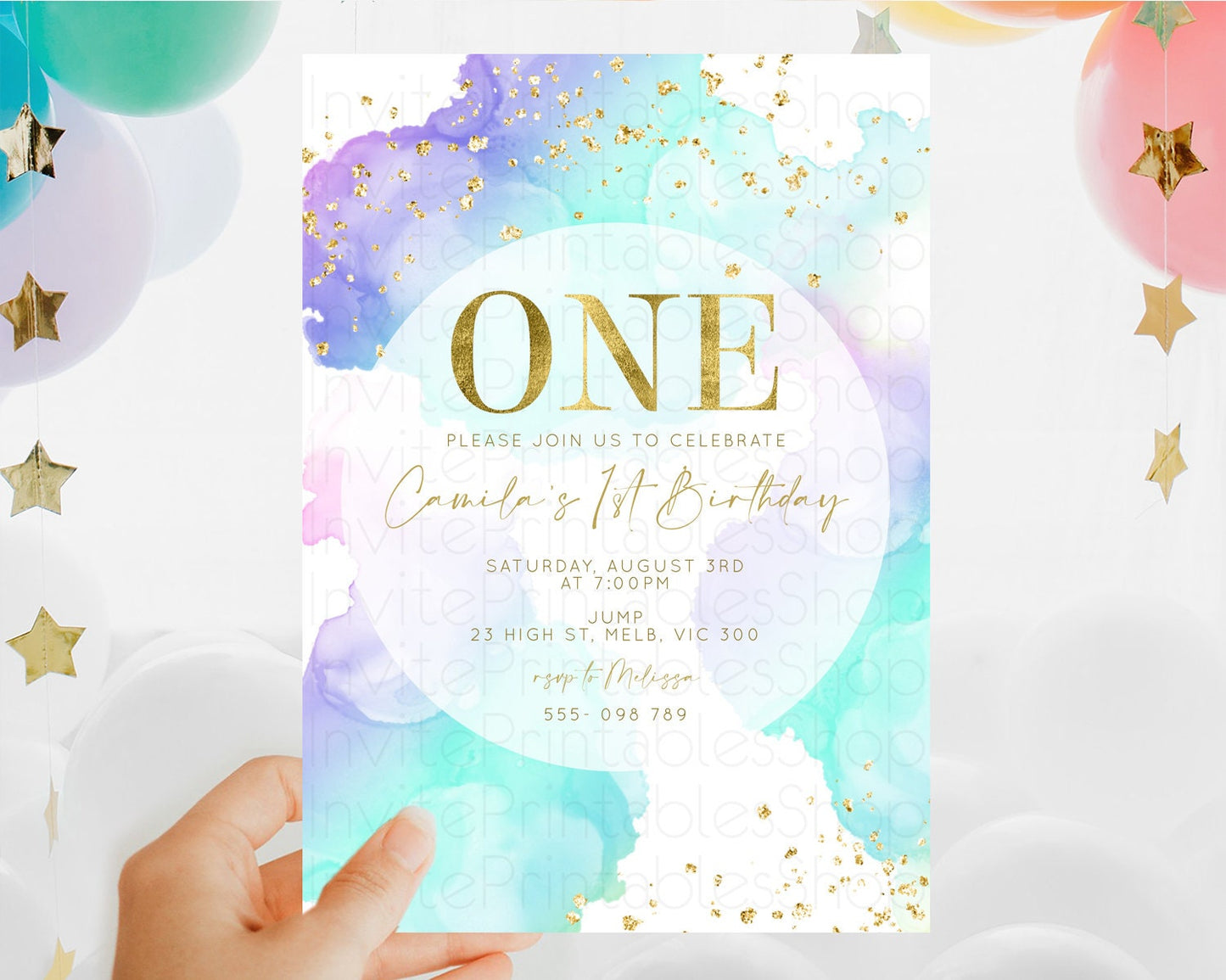 Rainbow Birthday Invitation Colorful Pastel Watercolor Invitation Gold Glitter Sprinkles Ombre Pastel 1st 2nd 3rd Birthday D10212