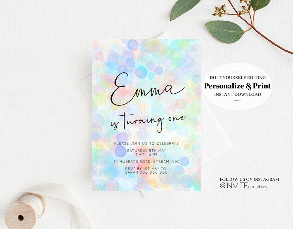 Editable Colorful Birthday Invitation Pastel Rainbow Invite Confetti Sprinkl