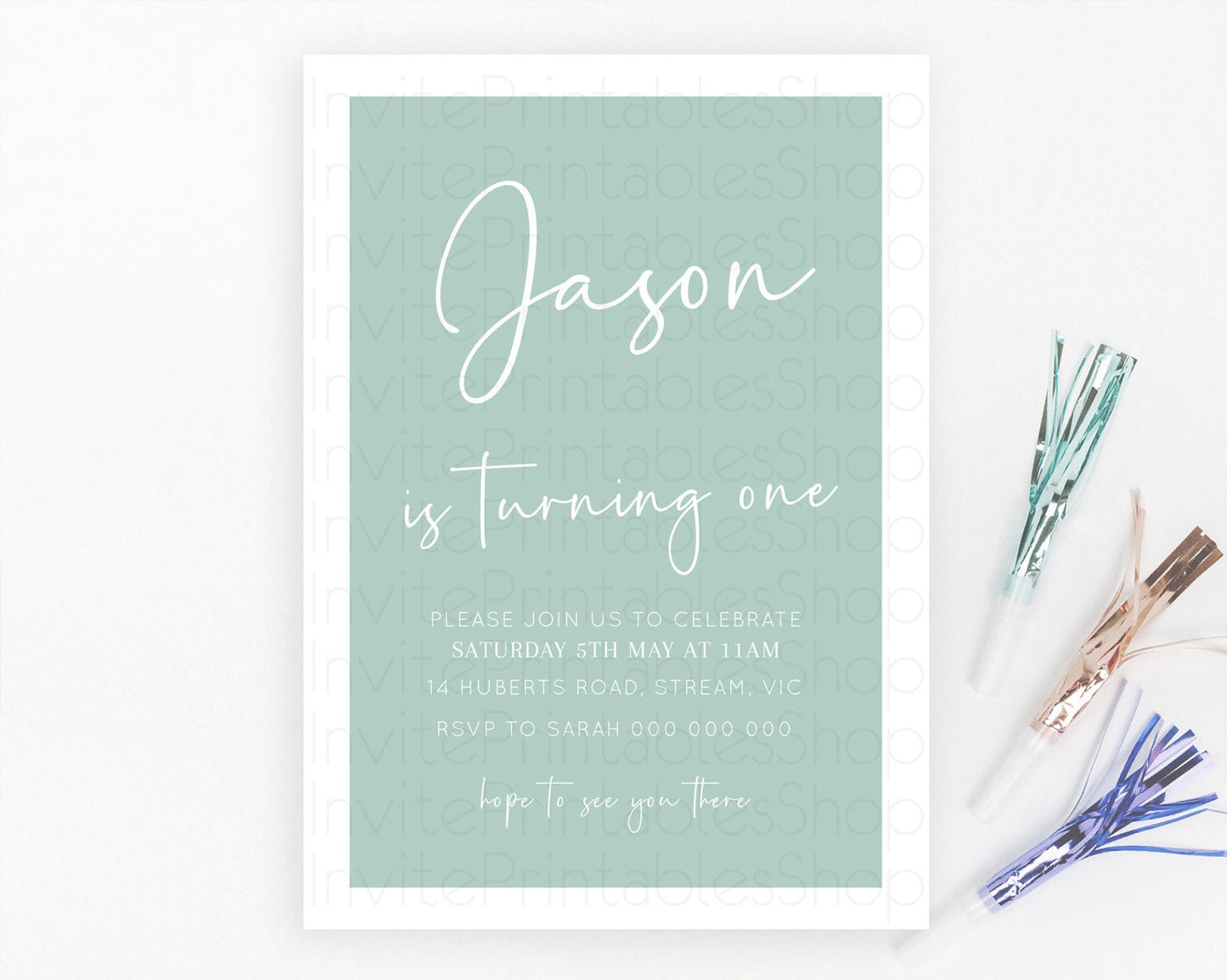 Green Birthday Invitation Plain Green Invitation Minimalist Invitation Pastel Green Invitation Modern Invite 2nd 1st First Birthday D10736