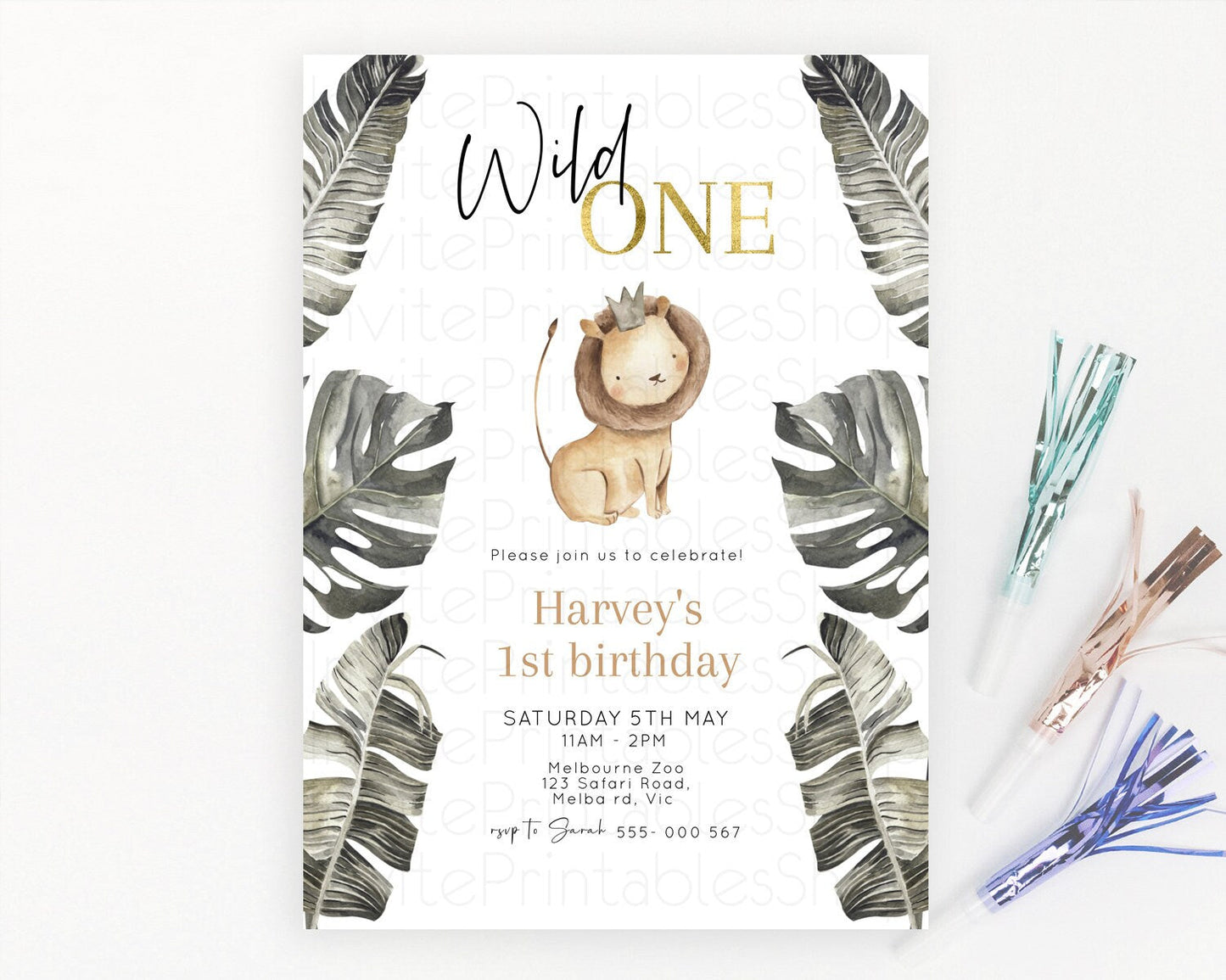 Safari Birthday Invitation Lion Gorilla Elephant Rhino Tropical Palm Jungle Safari Adventure Zoo Party Animal 2nd 1st First Birthday D10599