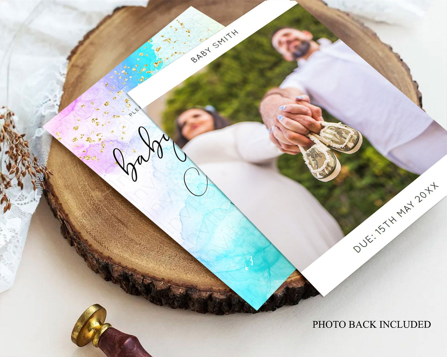 Pastel Rainbow Baby Shower Invitation, Gold Glitter and Colorful Ombre Watercolor, Blue, Purple, Orange, Yellow, Clouds Gender Reveal D10771