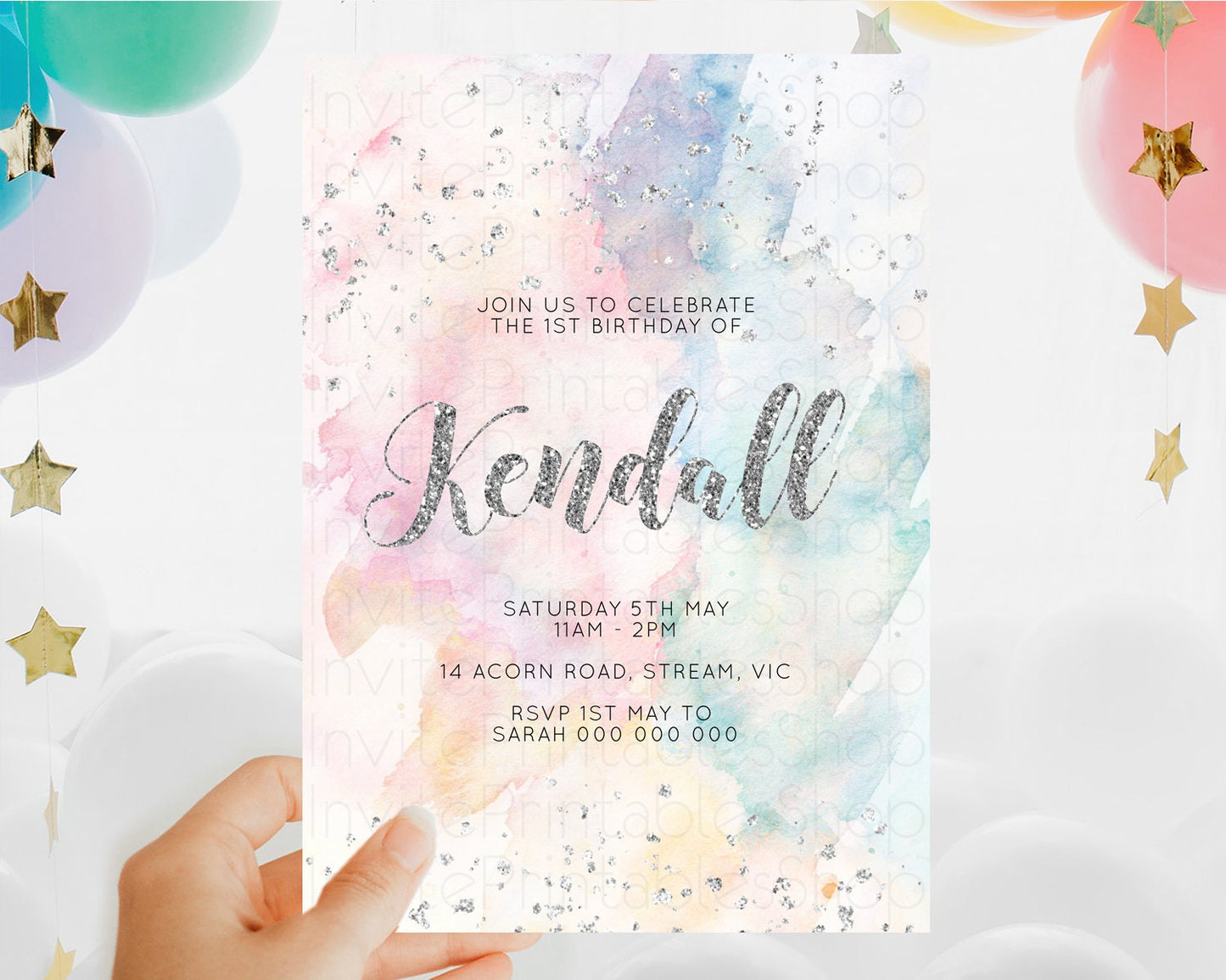 Rainbow Birthday Invitation Colorful Pastel Watercolor Silver Glitter Sprinkles Ombre Pastel Invitation 1st 2nd 3rd First Birthday D10944