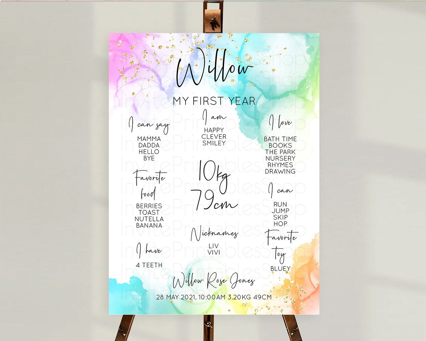 Pastel First Birthday Milestone Board Pastel Rainbow Milestone Poster Colorful Confetti Watercolor Glitter 1st Birthday Welcome Sign D10181