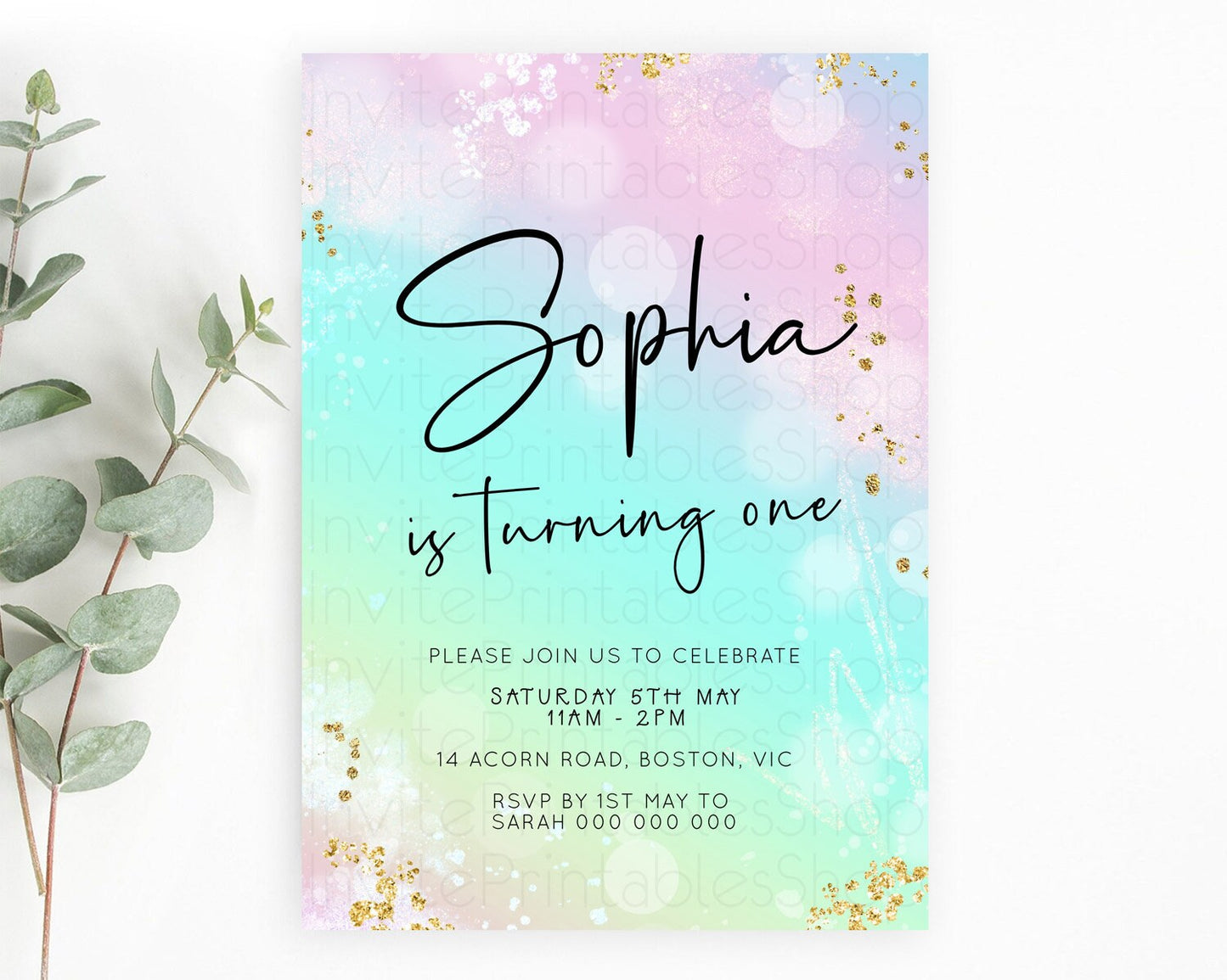 Pastel Birthday Invitation Ombre Watercolor Birthday Invitation Glitter Rainbow Color Splash 1st 2nd 3rd Birthday Invitation D23097