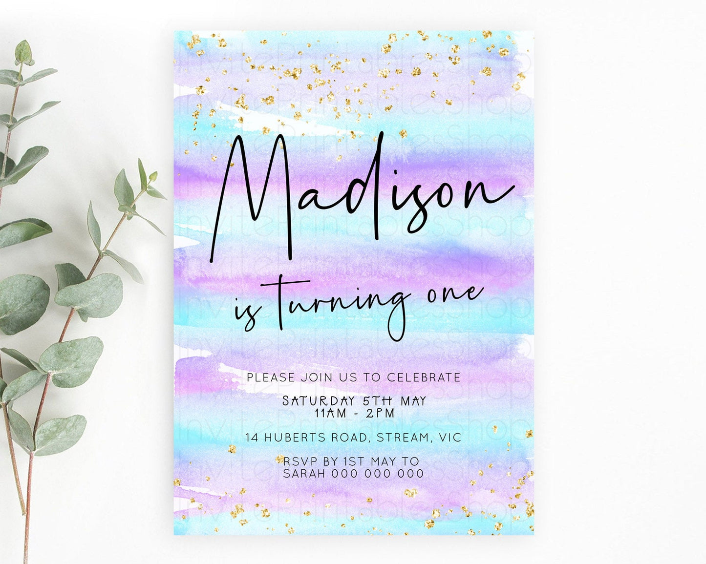 Pastel Birthday Invitation Ombre Watercolor Birthday Invitation Glitter Rainbow Color Splash 1st 2nd 3rd Birthday Invitation D23033