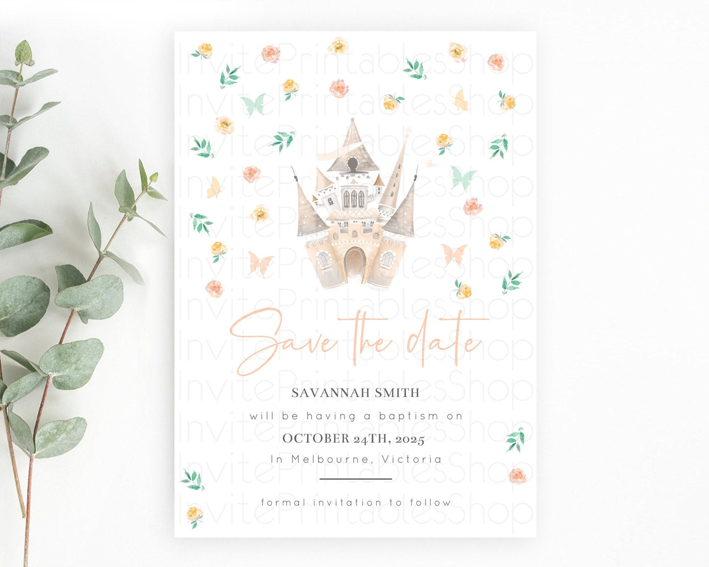 Princess Save The Date Template Secret Garden Enchanted Castle Pastel Floral Royal Party For 1st Birthday Baptism Baby Shower D10363