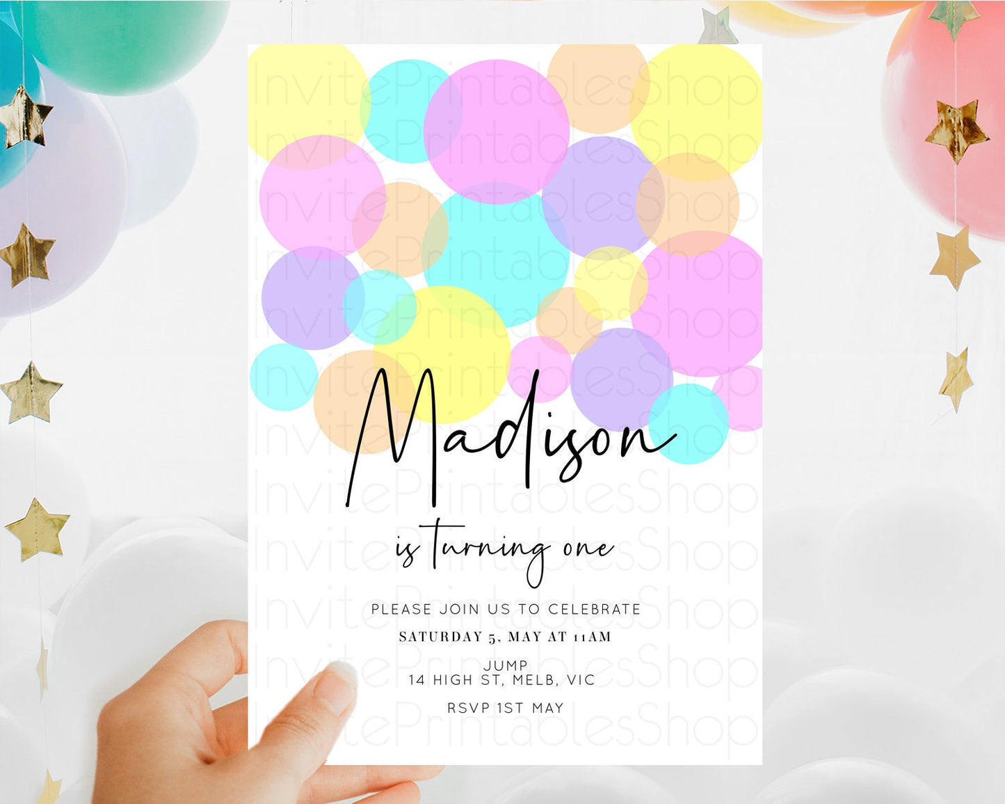 Pastel Birthday Invitation Pastel Confetti Birthday Invitation Bubbles Invitation Colorful Rainbow Confetti 2nd 1st First Birthday D10406