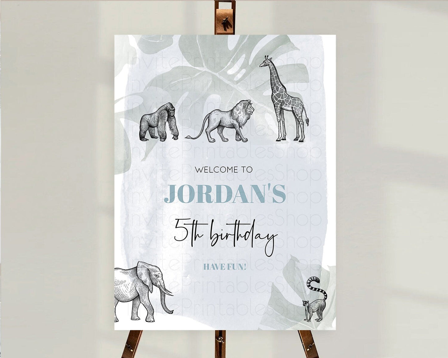 Safari Welcome Sign Safari Welcome Board Lion Gorilla Elephant Rhino Tropical Palm Zoo Party Decor First Birthday Welcome Sign D10821