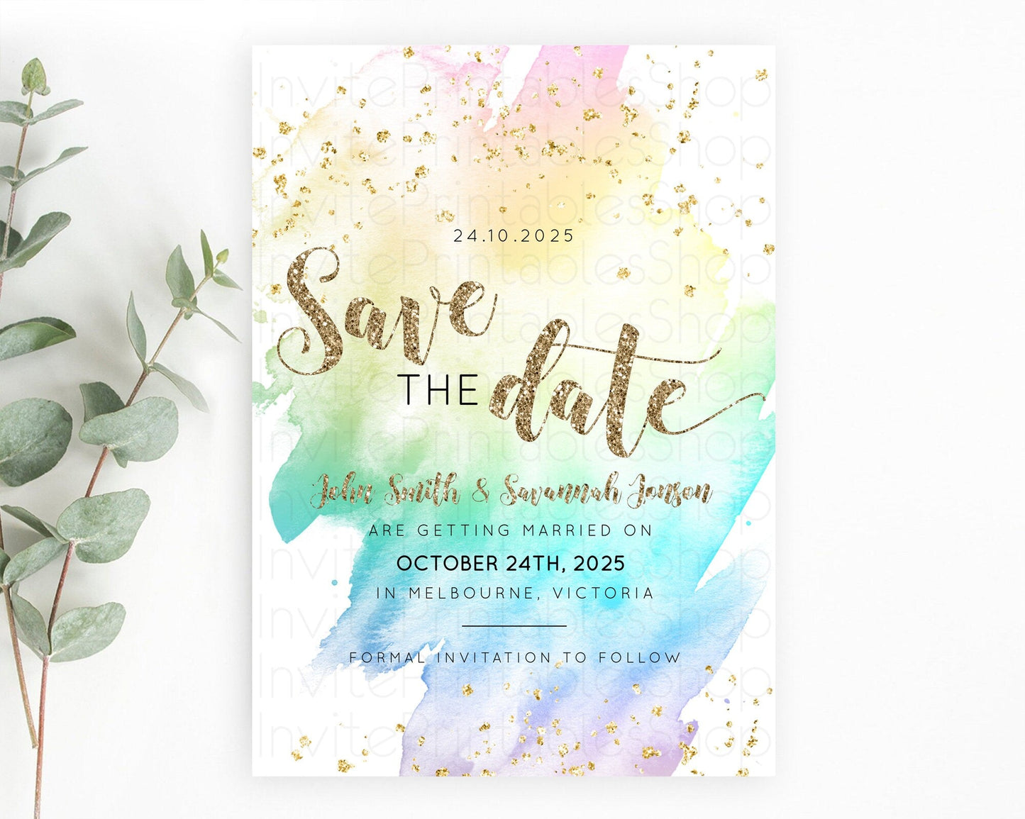 Pastel Save The Date Template Pastel Ombre Rainbow Watercolor Colorful Party For Birthday Baptism Baby Shower Wedding Bridal Shower D10259