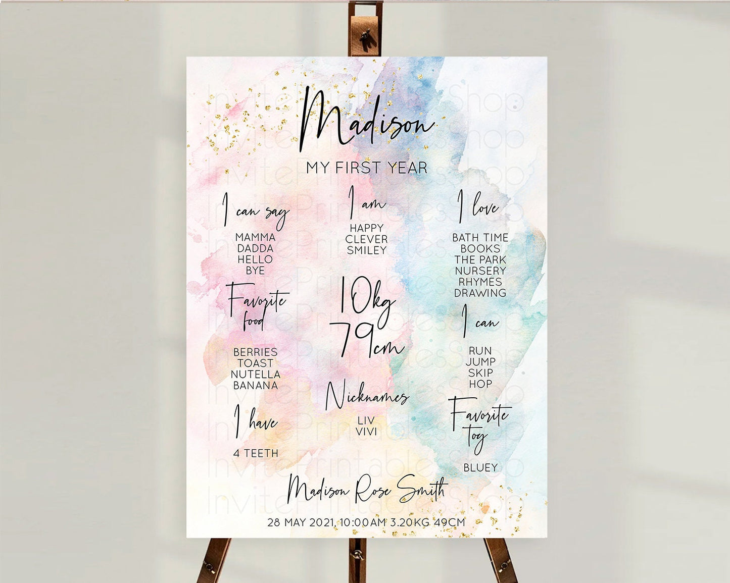 Pastel First Birthday Milestone Board Pastel Rainbow Milestone Poster Colorful Confetti Watercolor Glitter 1st Birthday Welcome Sign D10276