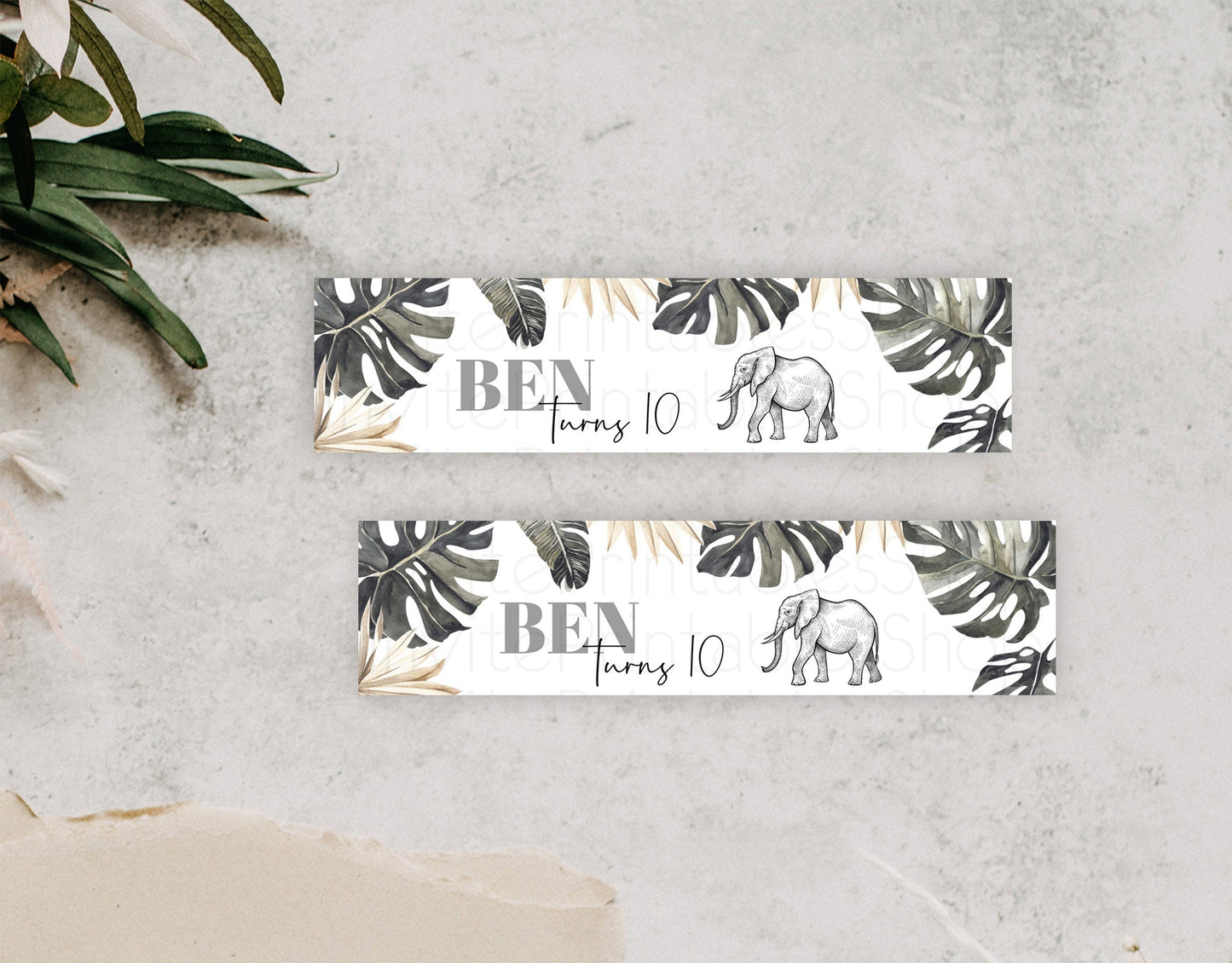 Elephant Water Label Template Elephant Safari Adventure Party Decor Dried Palm Fern Zoo Birthday Baptism Baby Shower Bridal Shower D10806