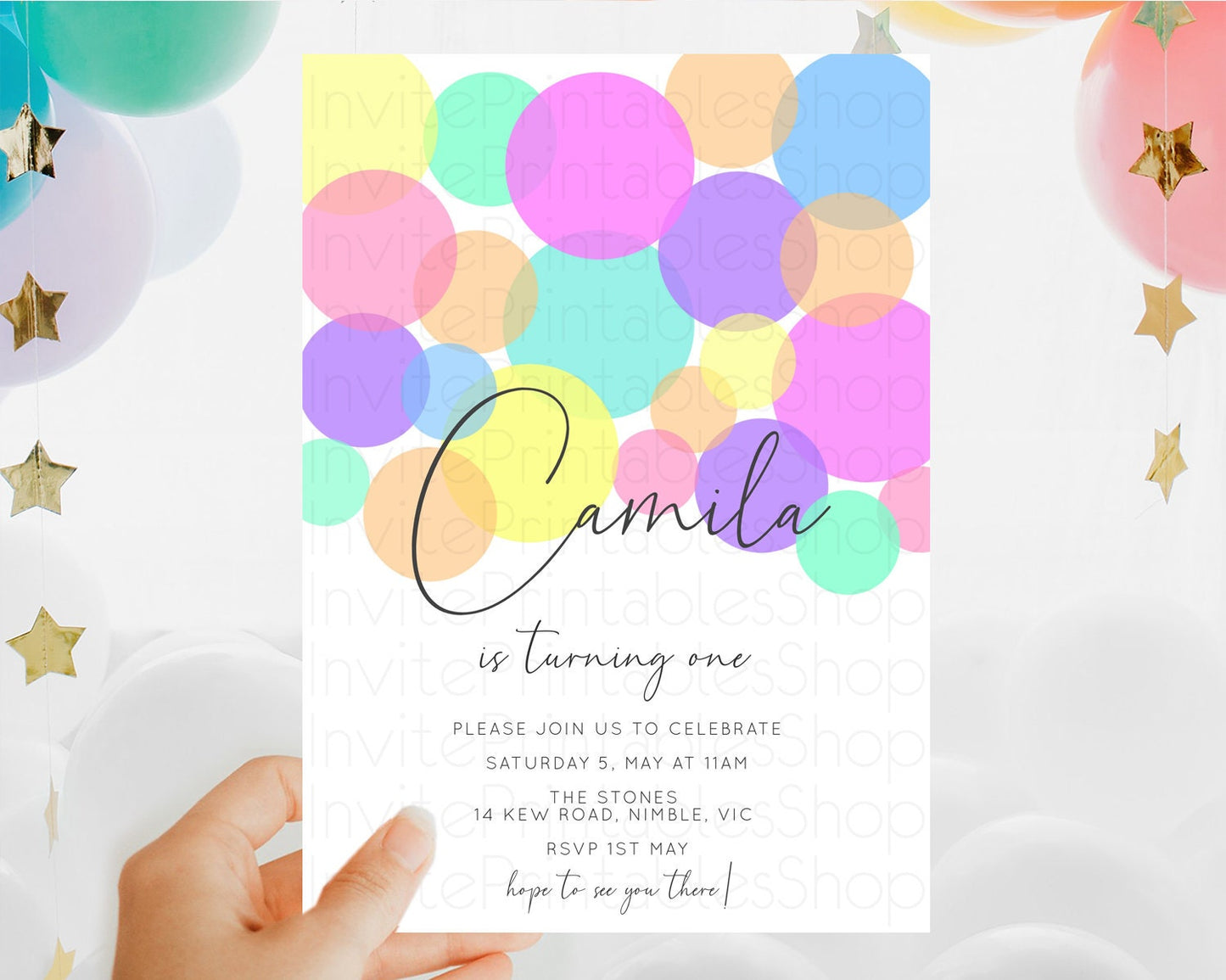 Pastel Birthday Invitation Pastel Confetti Birthday Invitation Bubbles Invitation Colorful Rainbow Confetti 2nd 1st First Birthday D10888