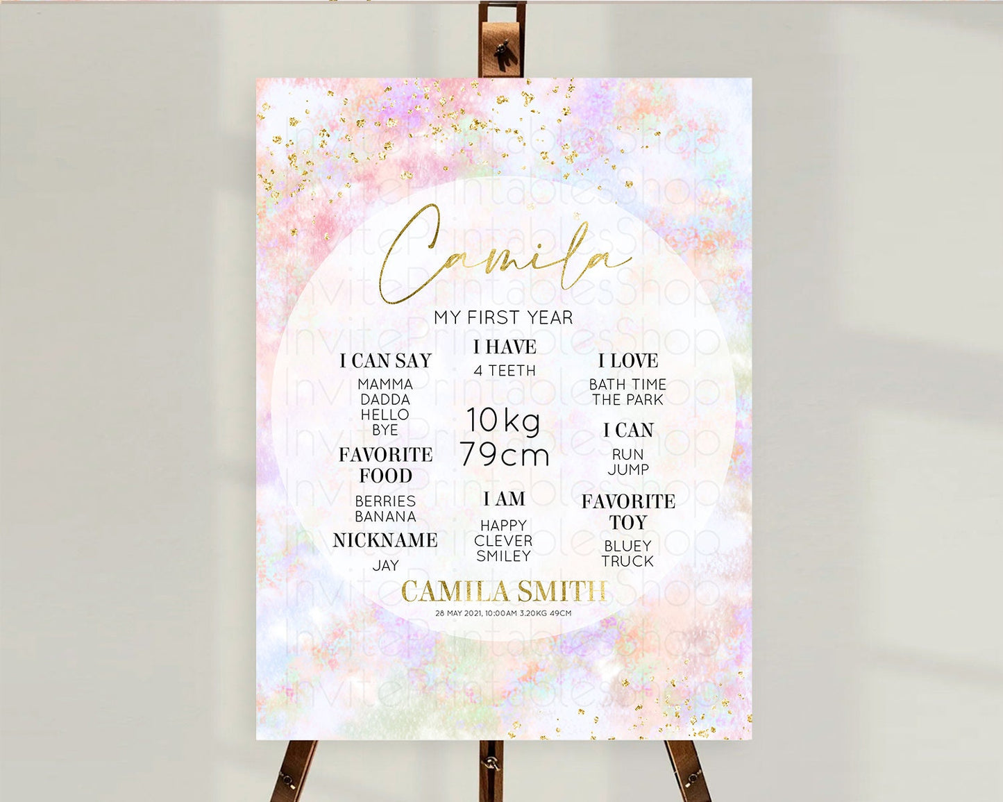 Pastel First Birthday Milestone Board Pastel Rainbow Milestone Poster Colorful Confetti Watercolor Glitter 1st Birthday Welcome Sign D10649