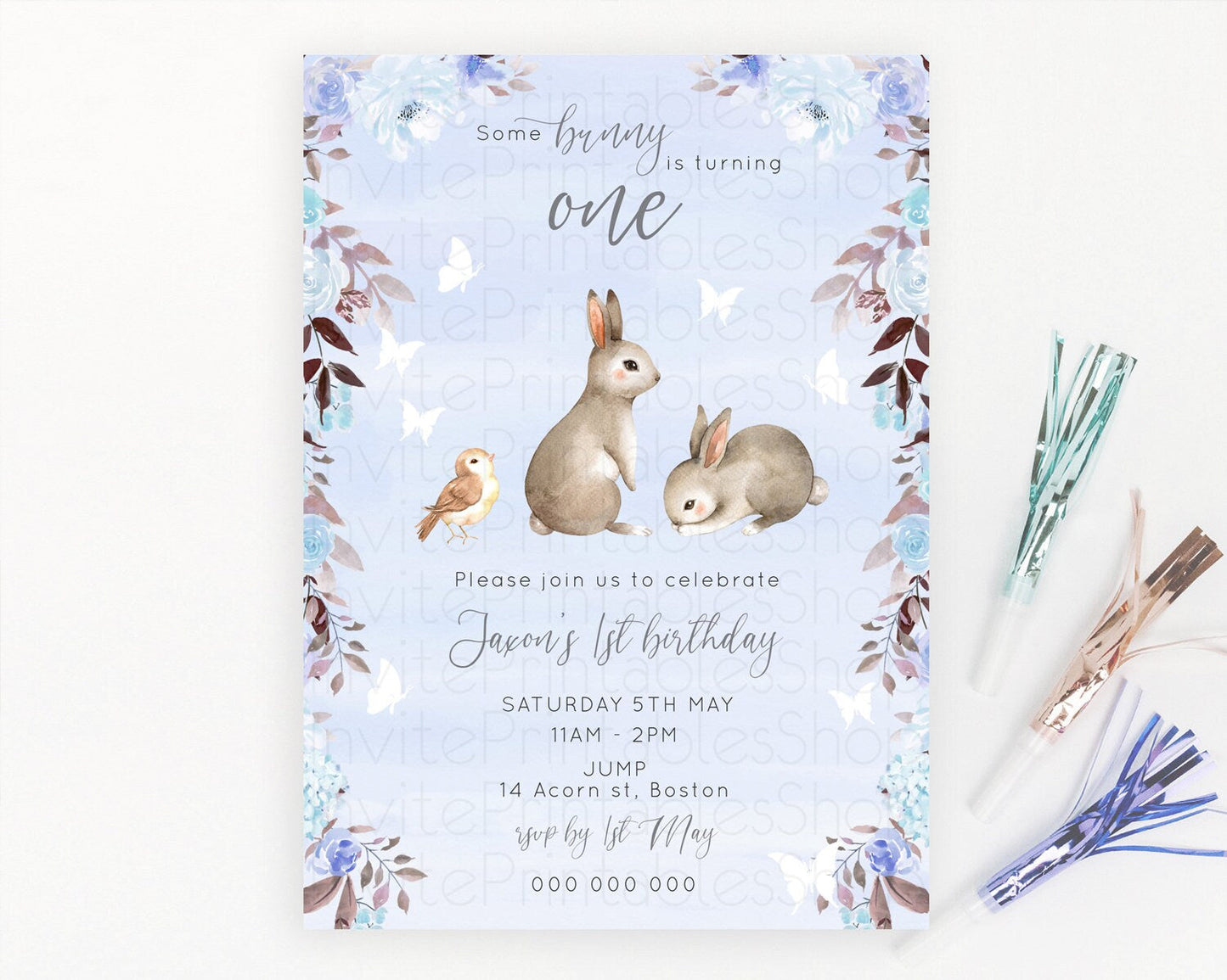 Bunny Birthday Invitation Floral Bunny Invitation Pastel Bunny Invites Pastel Watercolor Woodland Bunny Party 2nd 1st First Birthday D10923