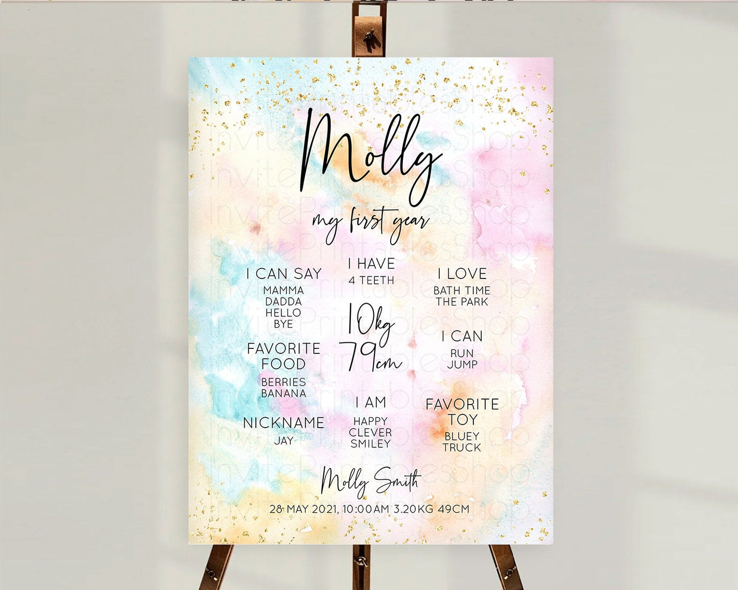 Pastel First Birthday Milestone Board Pastel Rainbow Milestone Poster Colorful Confetti Watercolor Glitter 1st Birthday Welcome Sign D10548