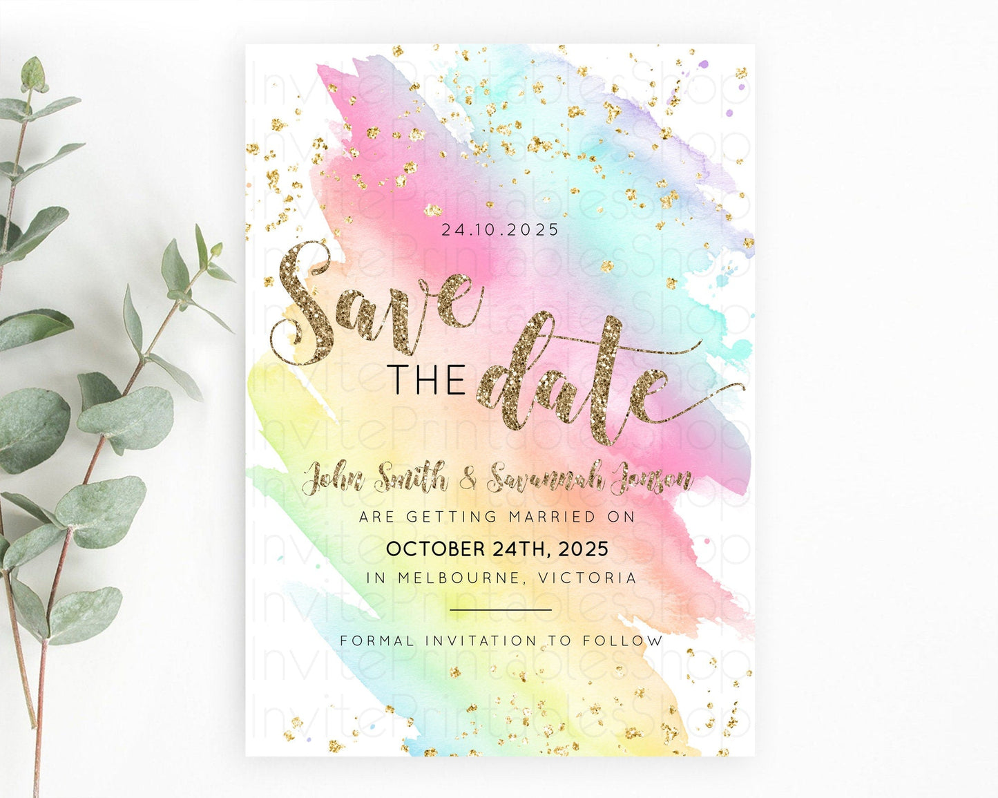 Pastel Save The Date Template Pastel Ombre Rainbow Watercolor Colorful Party For Birthday Baptism Baby Shower Wedding Bridal Shower D10495