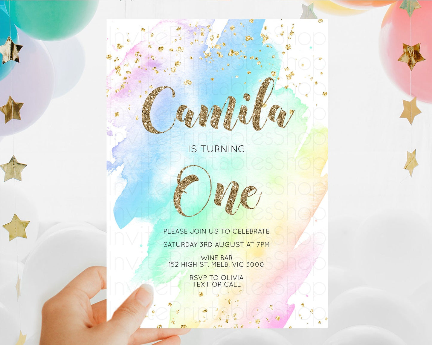 Rainbow Birthday Invitation Colorful Pastel Watercolor Invitation Gold Glitter Sprinkles Ombre Pastel 1st 2nd 3rd Birthday D10637