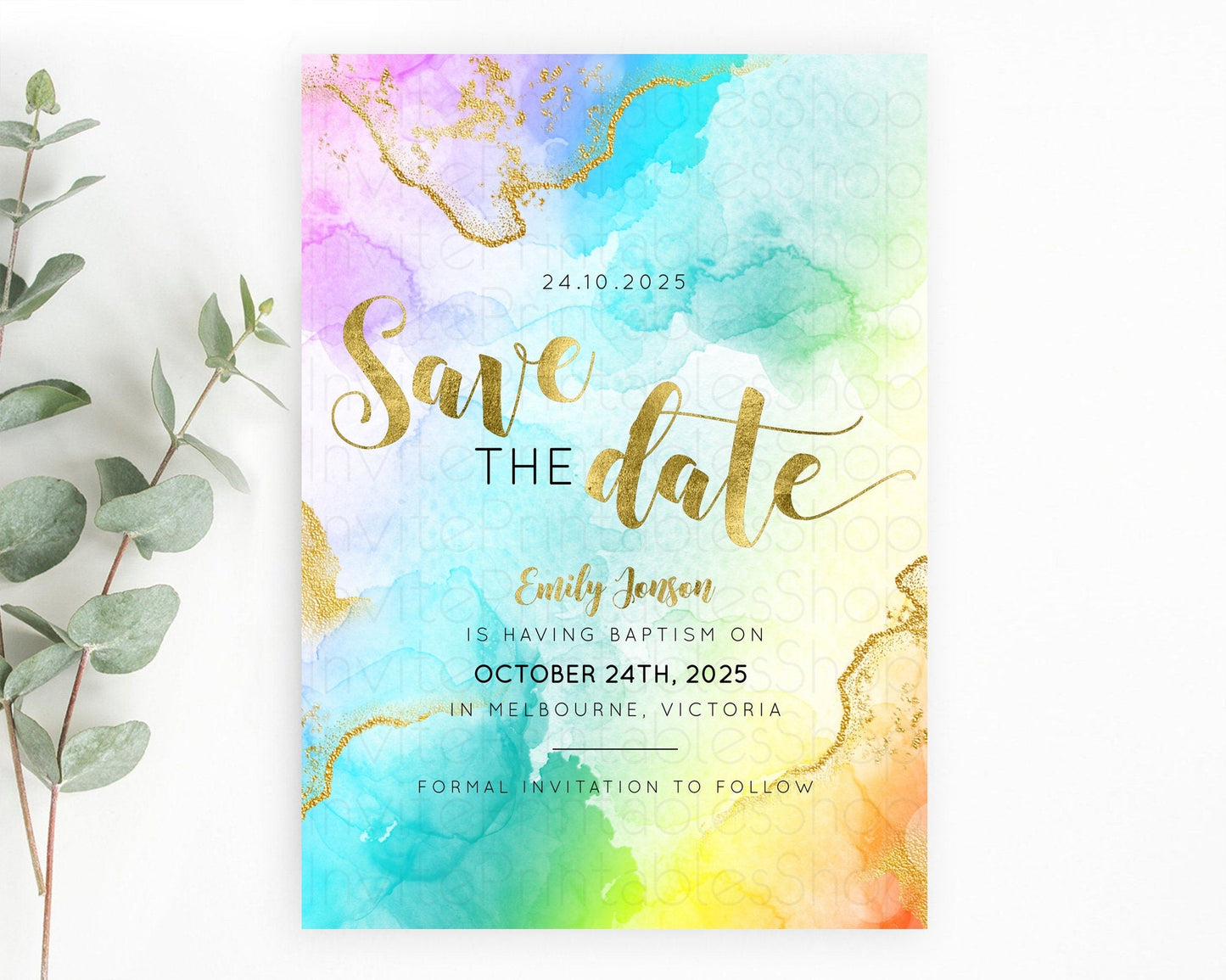 Pastel Save The Date Template Pastel Ombre Rainbow Watercolor Colorful Party For Birthday Baptism Baby Shower Wedding Bridal Shower D10392