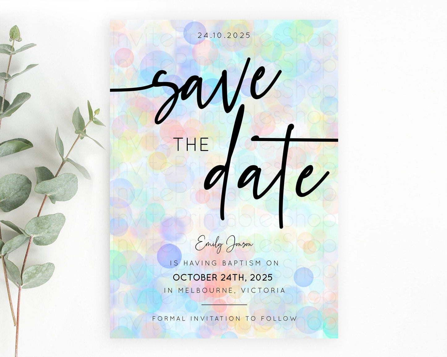 Pastel Bubbles Save The Date Template Bubble Bath Party Rainbow Colorful Confetti Sprinkles 1st Birthday Baby Shower Baptism Wedding D10444