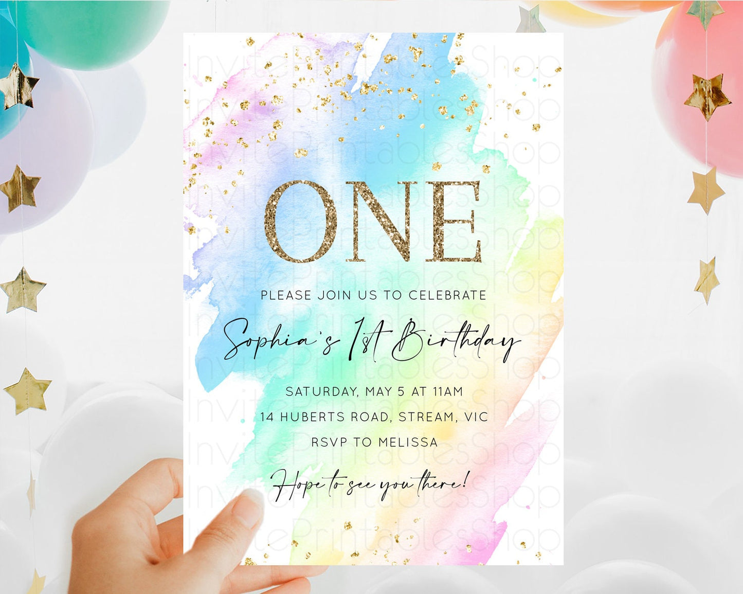 Rainbow Birthday Invitation Colorful Pastel Watercolor Invitation Gold Glitter Sprinkles Ombre Pastel 1st 2nd 3rd Birthday D10640