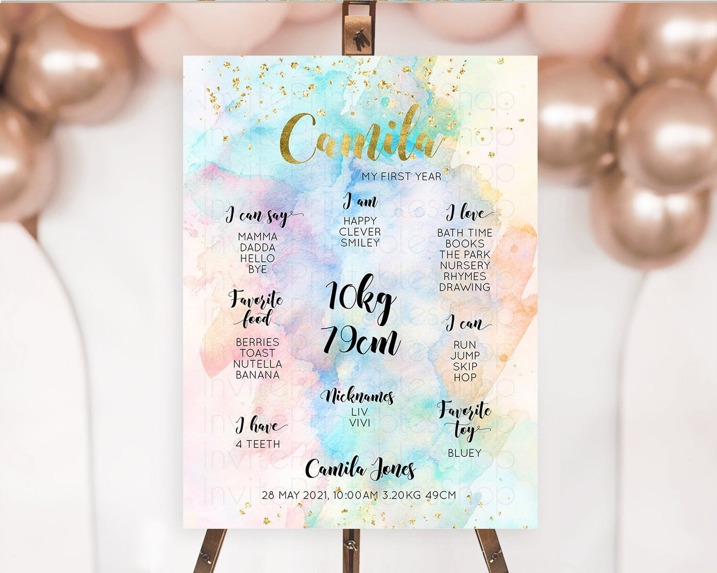 Pastel First Birthday Milestone Board Pastel Rainbow Milestone Poster Colorful Confetti Watercolor Glitter 1st Birthday Welcome Sign D10272