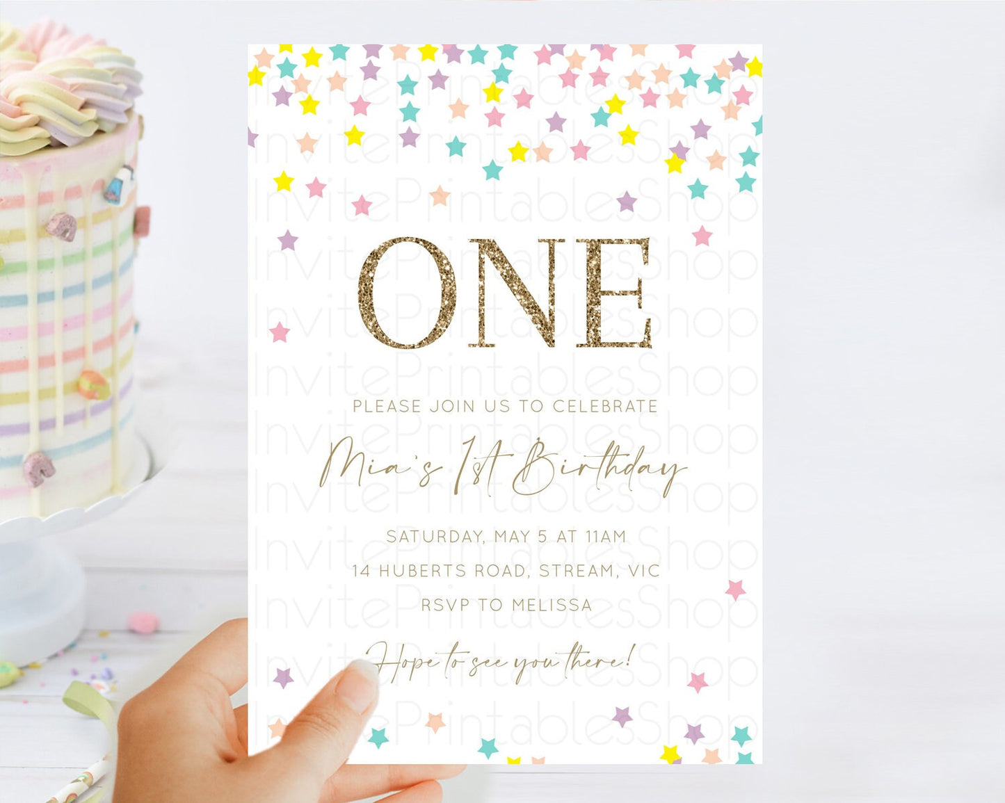 Star Birthday Invitation Pastel Stars Invite Shooting Star Party Rainbow Colorful Confetti Twinkle Little Star 2nd First Birthday D10601