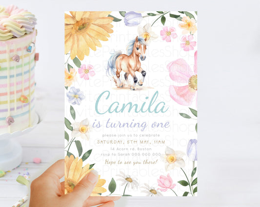 Editable Horse Birthday Invitation, Galloping Wildflower Fields, Pastel Flow