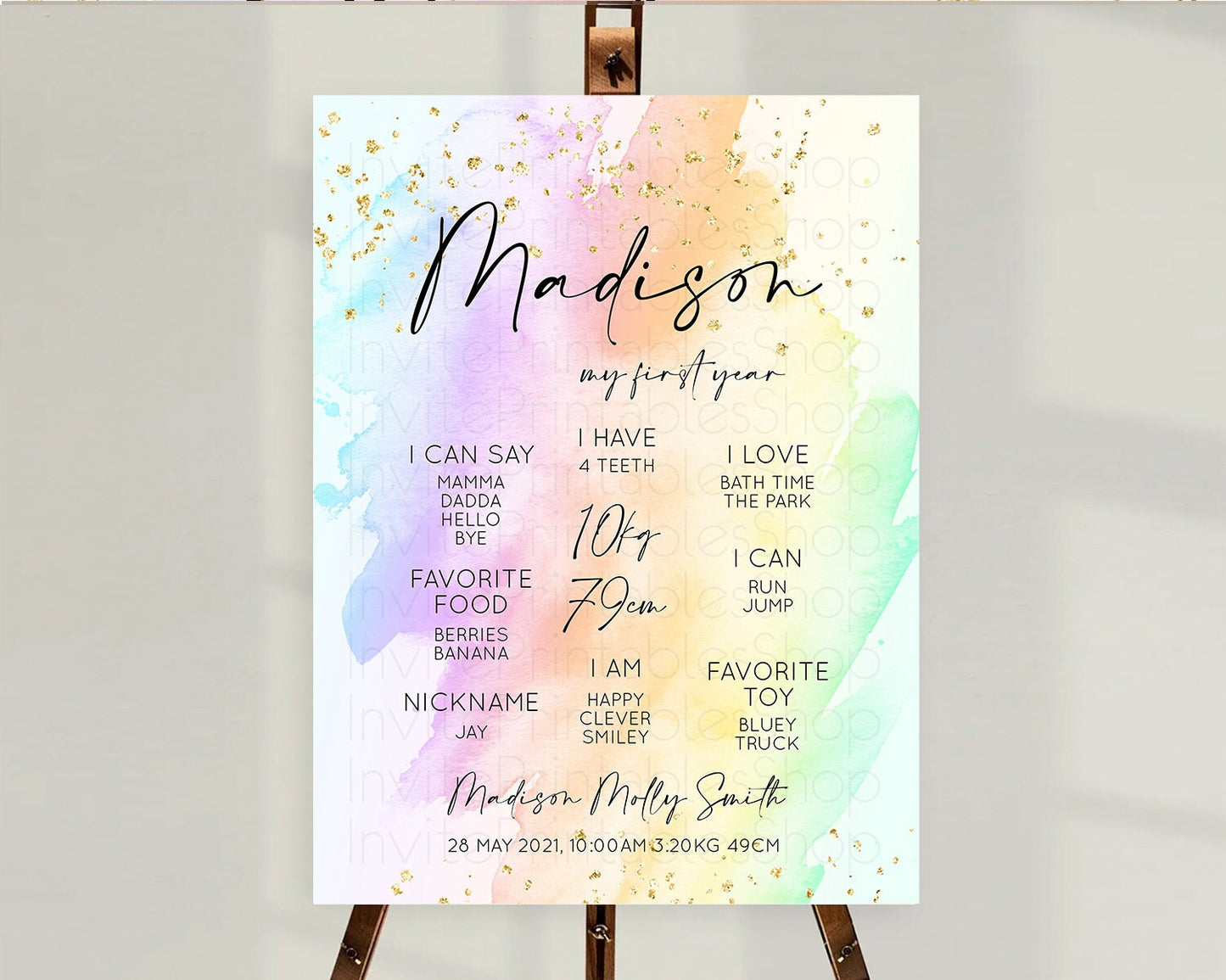 Pastel First Birthday Milestone Board Pastel Rainbow Milestone Poster Colorful Confetti Watercolor Glitter 1st Birthday Welcome Sign D10645