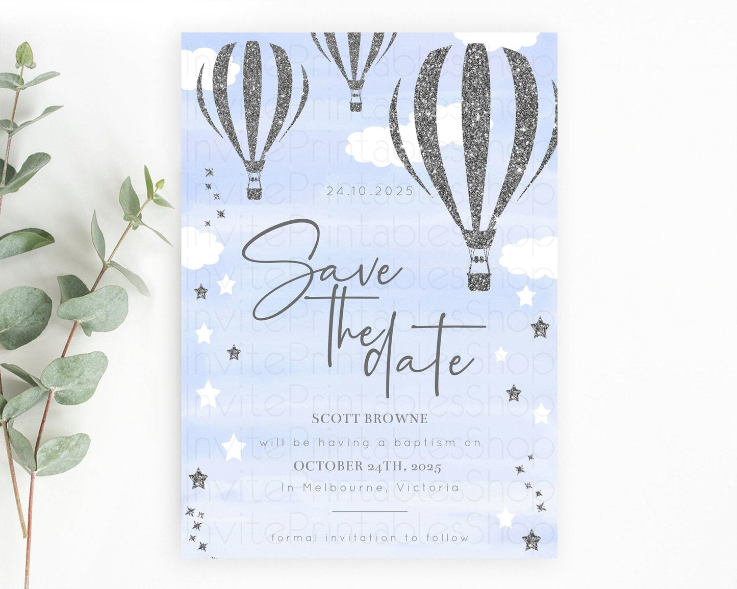 Hot Air Balloon Save The Date Template Adventure Awaits Mr. ONEderful Party 1st Birthday Baptism Baby Shower D10334