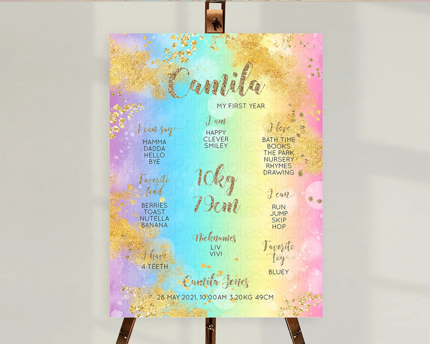 Pastel First Birthday Milestone Board Pastel Rainbow Milestone Poster Colorful Confetti Watercolor Glitter 1st Birthday Welcome Sign D10561