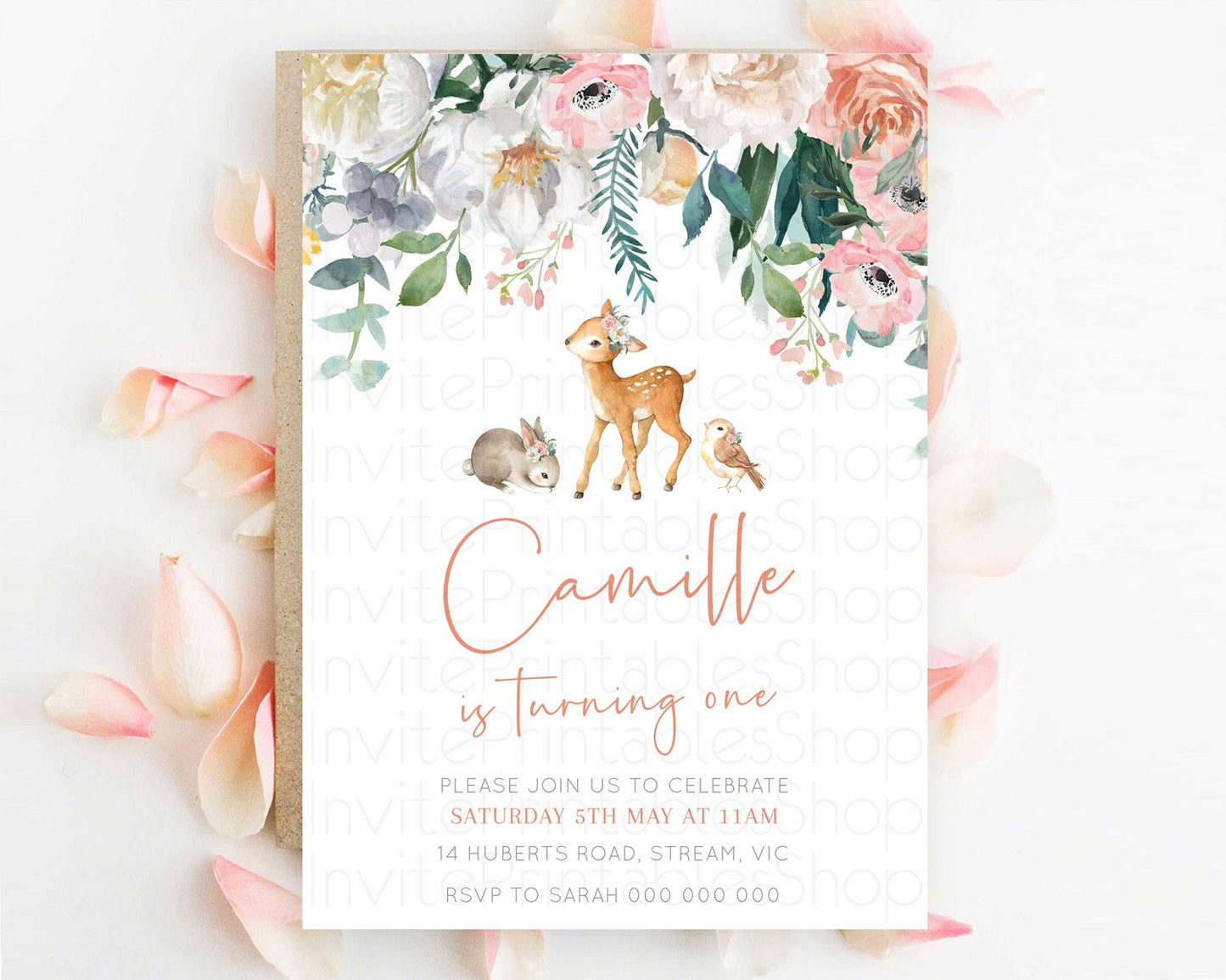 Fawn Birthday Invitation Deer Birthday Invitation Enchanted Forest Party Butterfly Pastel Flowers Whimsical 2nd 1st First Birthday D10733
