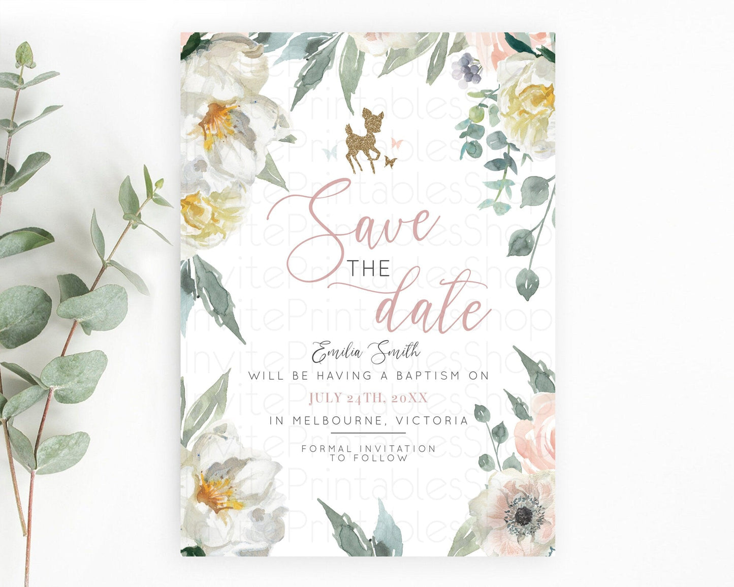 Fawn Deer Save The Date Template Pastel Floral Deer Enchanted Forest Butterfly Party 1st Birthday Baptism Baby Shower Bridal Shower D10120