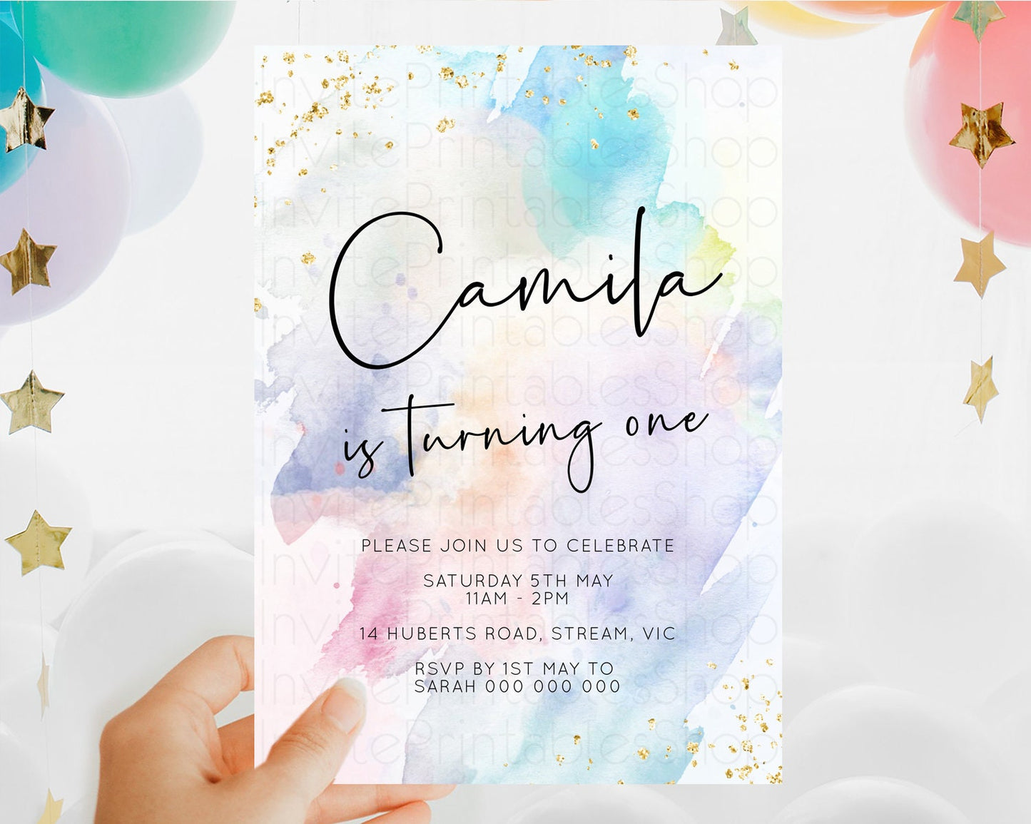 Rainbow Birthday Invitation Colorful Pastel Watercolor Invitation Gold Glitter Sprinkles Ombre Pastel 1st 2nd 3rd Birthday D10422