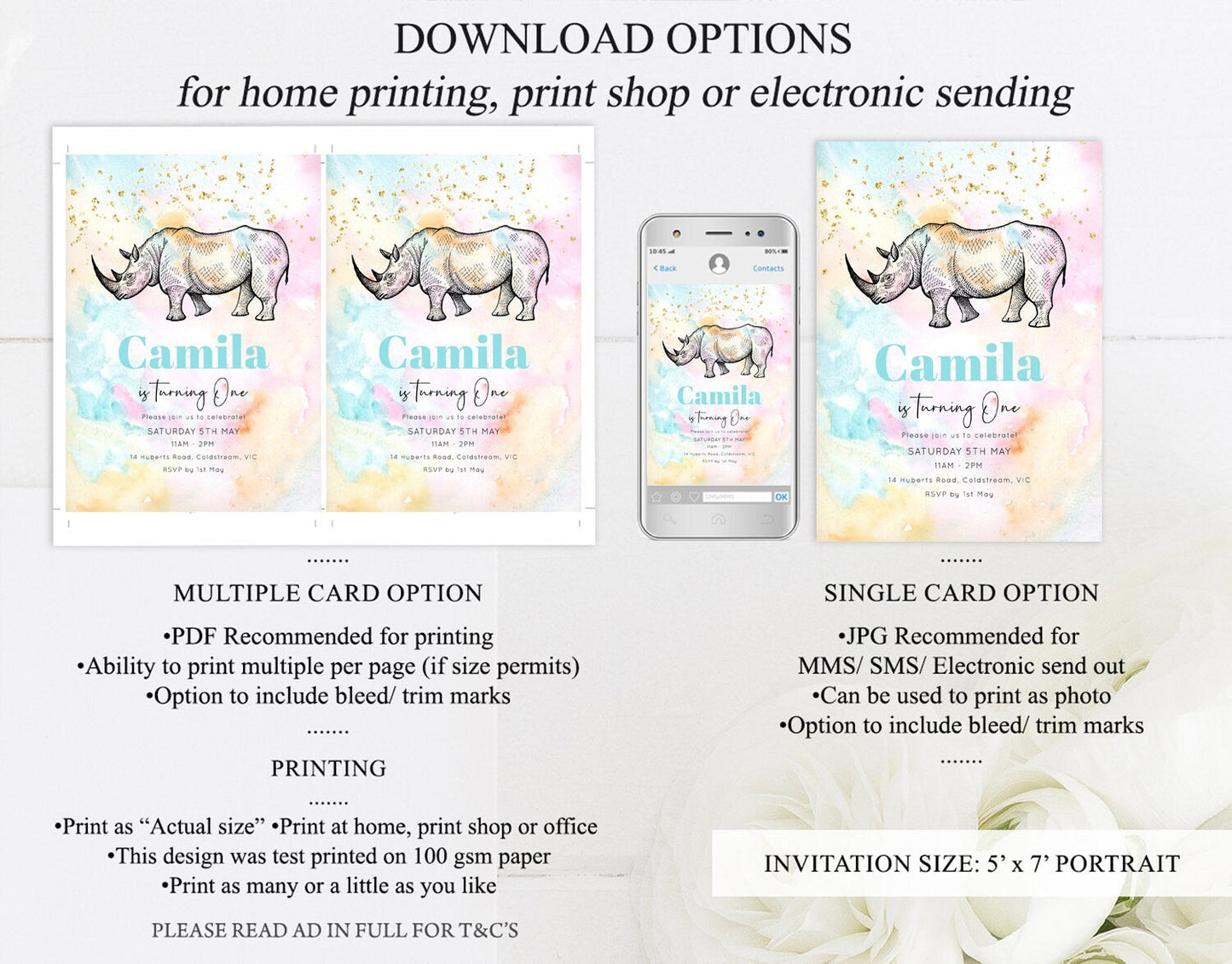 Pastel Rhinoceros Birthday Invitation Pastel Rhino Invite Rainbow Rhino Invitation Colorful Watercolor Invite Safari Zoo Glitter Invite W286