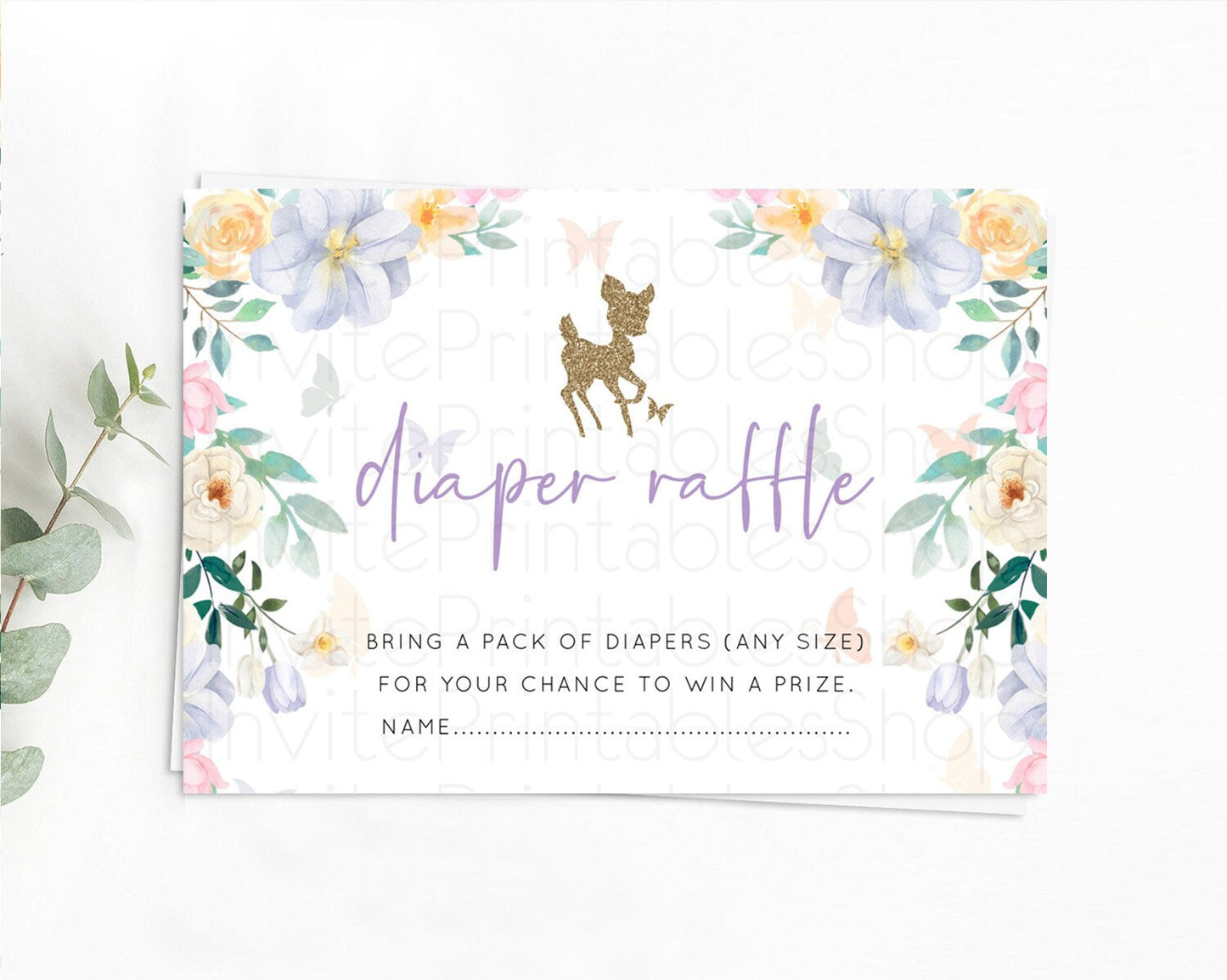 Fawn Diaper Raffle Card Deer Diaper Insert Floral Deer Diaper Ticket Enchanted Forest Butterfly Pastel Baby Shower Raffle Game D10477